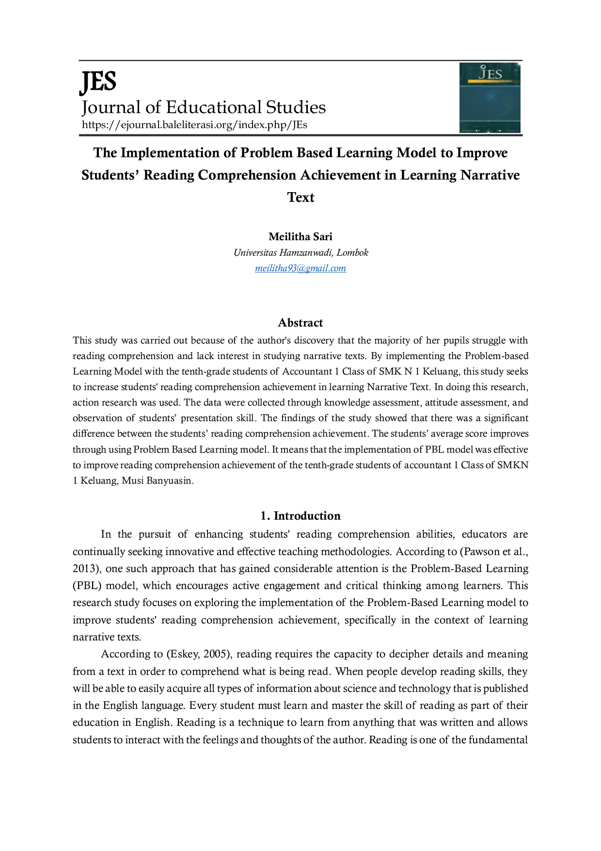 JURIS The Implementation of Problem Based Learning Model to Improve Students Reading Comprehension Achievement in Learning Narrative Text