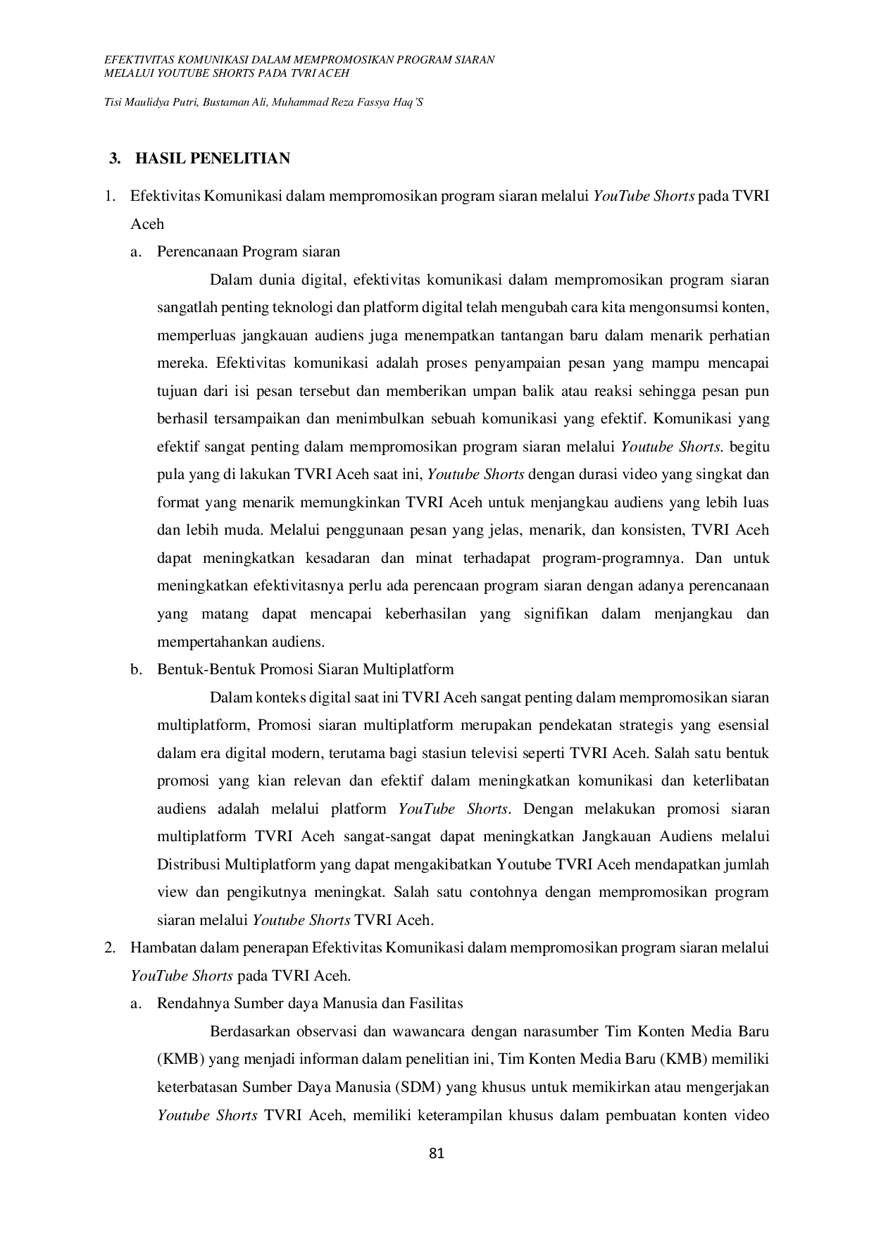 JURIS Efektivitas Komunikasi dalam Mempromosikan Program Siaran Melalui Youtube Shorts pada TVRI Aceh