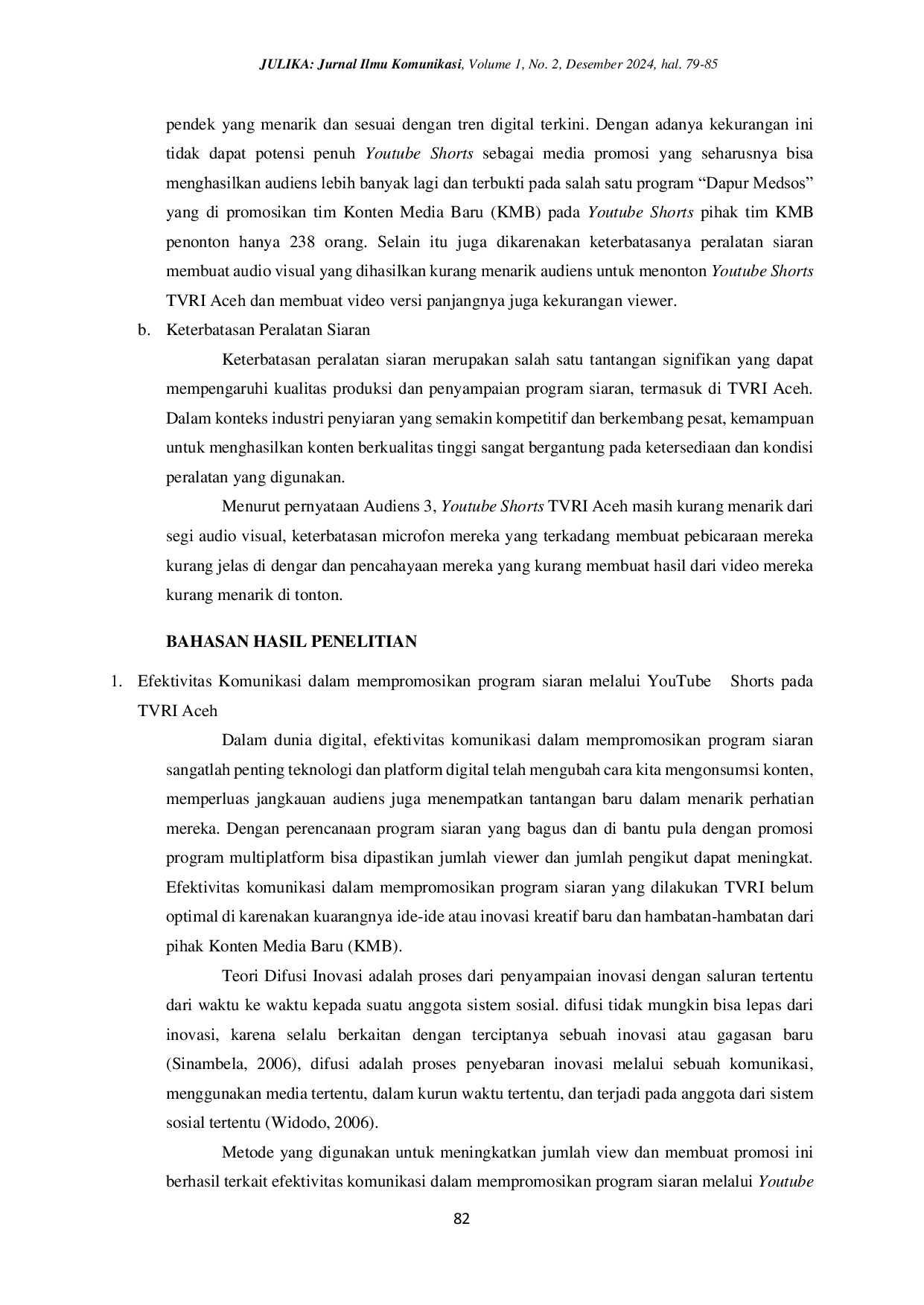 JURIS Efektivitas Komunikasi dalam Mempromosikan Program Siaran Melalui Youtube Shorts pada TVRI Aceh