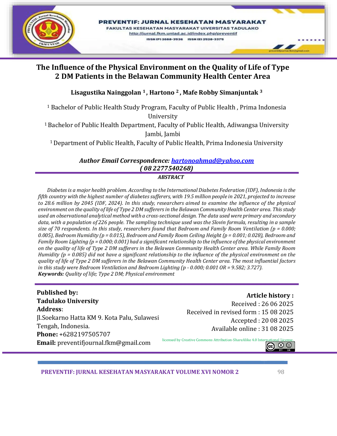 JURIS The Influence of The Physical Environment on The Quality of Life of Patients With Type 2 Diabetes Mellitus in The Belawan Health Center Area
