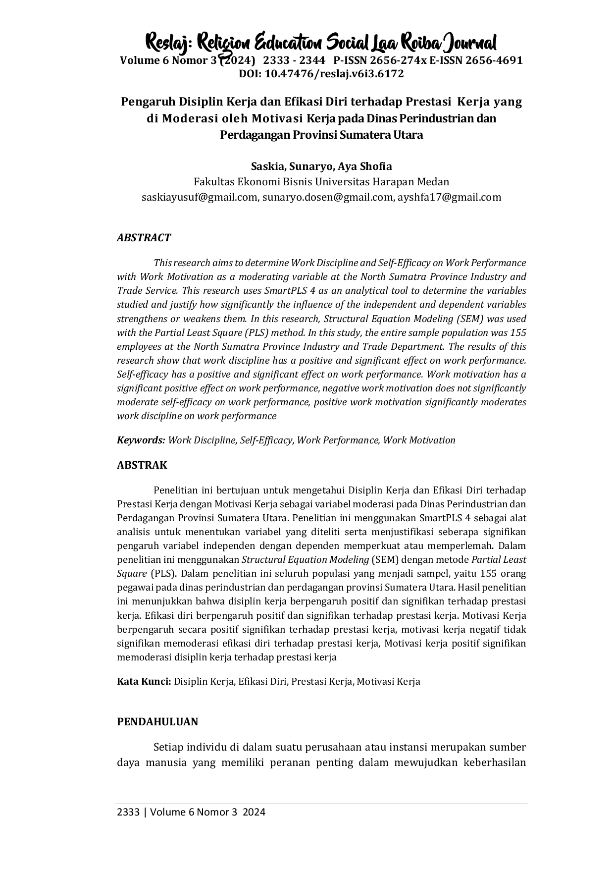 JURIS Pengaruh Disiplin Kerja dan Efikasi Diri terhadap Prestasi Kerja yang di Moderasi oleh Motivasi Kerja pada Dinas Perindustrian dan Perdagangan Provinsi Sumatera Utara