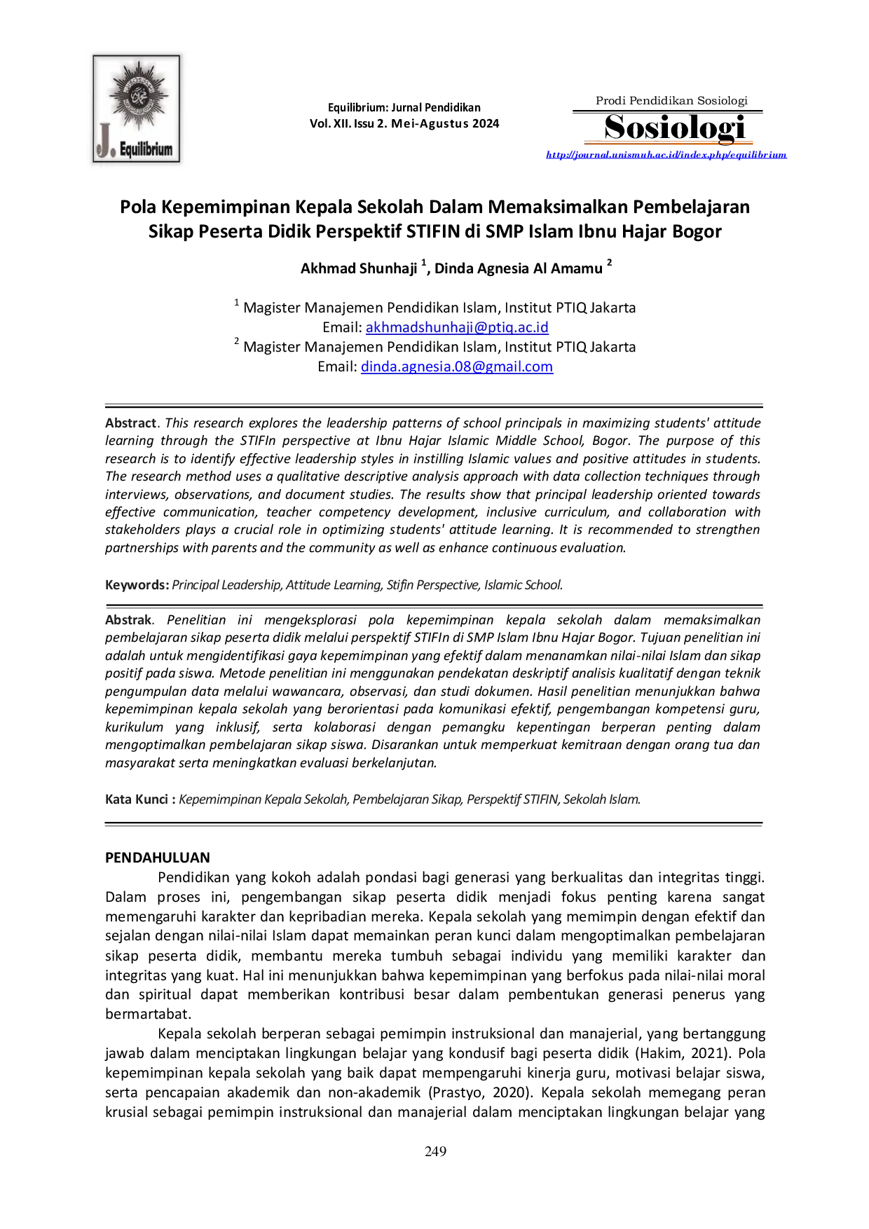 JURIS Pola Kepemimpinan Kepala Sekolah Dalam Memaksimalkan Pembelajaran Sikap Peserta Didik Perspektif STIFIN di SMP Islam Ibnu Hajar Bogor