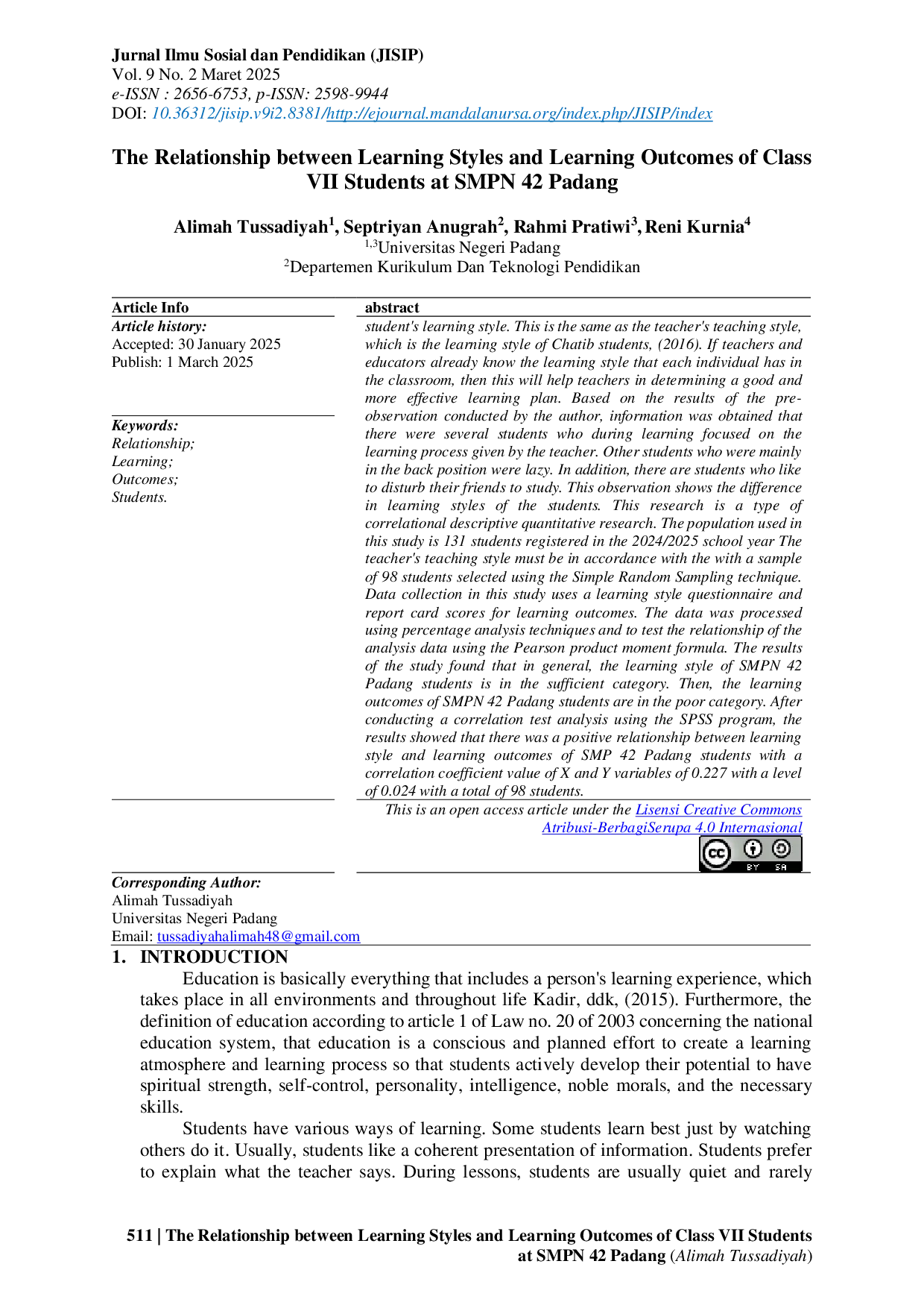 JURIS The Relationship between Learning Styles and Learning Outcomes of Class VII Students at SMPN 42 Padang