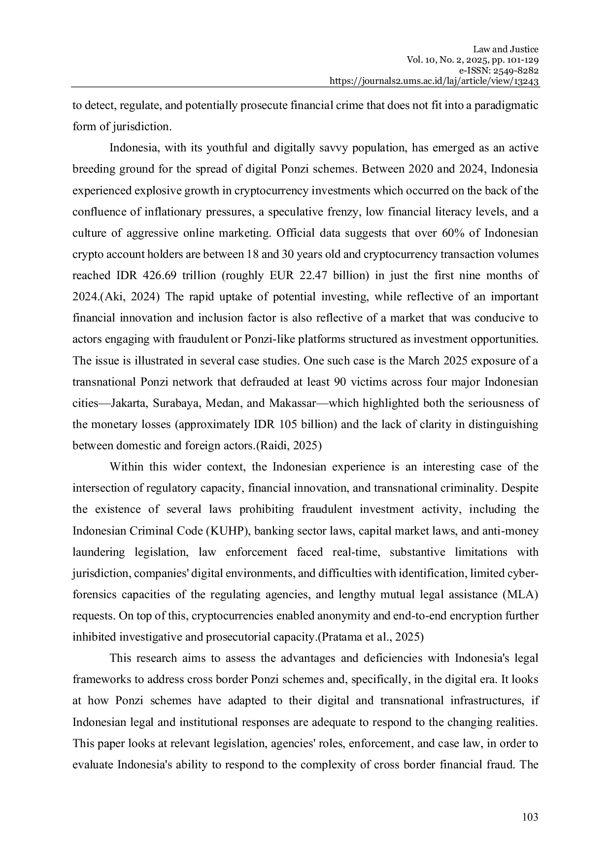 JURIS Countering Transnational Digital Ponzi Schemes in Indonesia Legal Frameworks Institutional Challenges and Reform Pathways