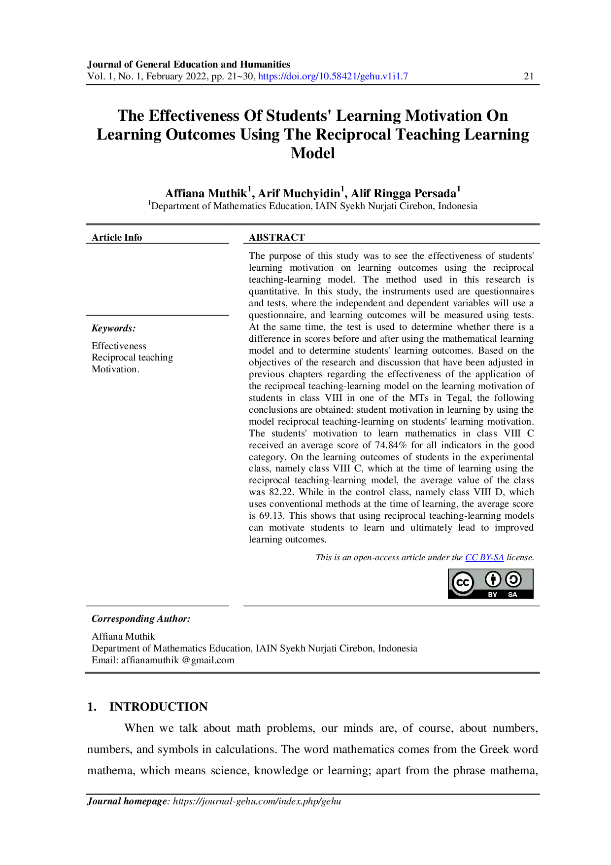 JURIS The Effectiveness Of Students Learning Motivation On Learning Outcomes Using The Reciprocal Teaching Learning Model