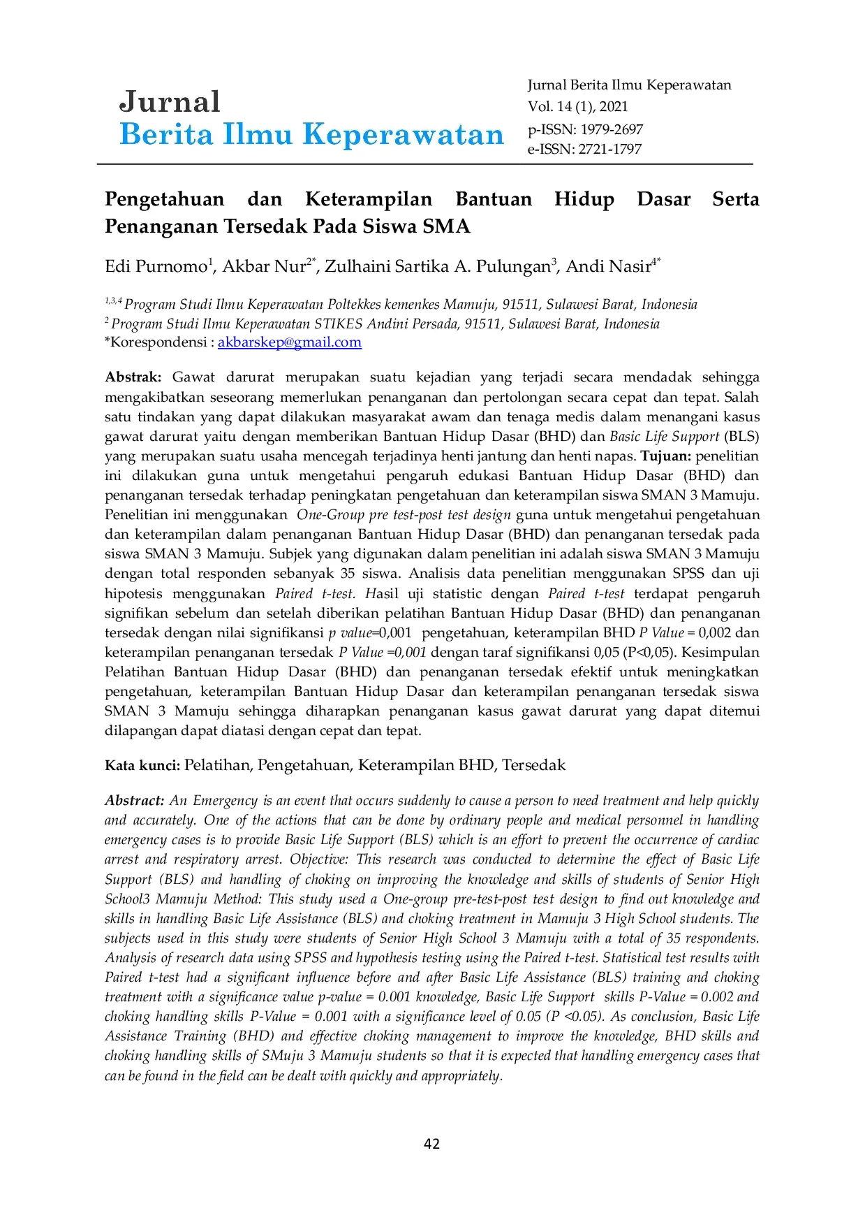 JURIS Pengetahuan dan Keterampilan Bantuan Hidup Dasar Serta Penanganan Tersedak Pada Siswa SMA