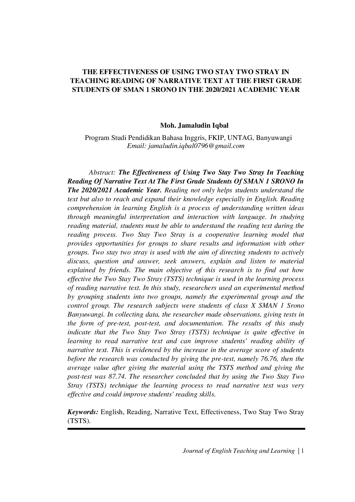 JURIS THE EFFECTIVENESS OF USING TWO STAY TWO STRAY IN TEACHING READING OF NARRATIVE TEXT AT THE FIRST GRADE STUDENTS OF SMAN 1 SRONO IN THE 2020 2021 ACADEMIC YEAR