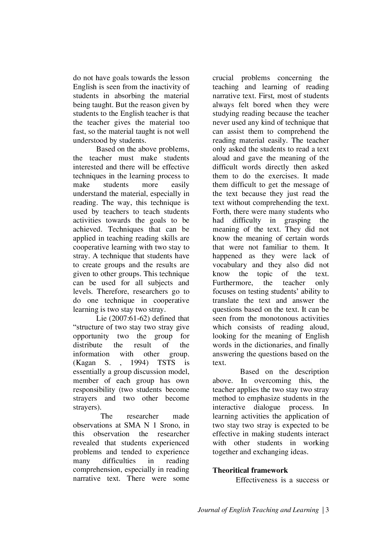 JURIS THE EFFECTIVENESS OF USING TWO STAY TWO STRAY IN TEACHING READING OF NARRATIVE TEXT AT THE FIRST GRADE STUDENTS OF SMAN 1 SRONO IN THE 2020 2021 ACADEMIC YEAR
