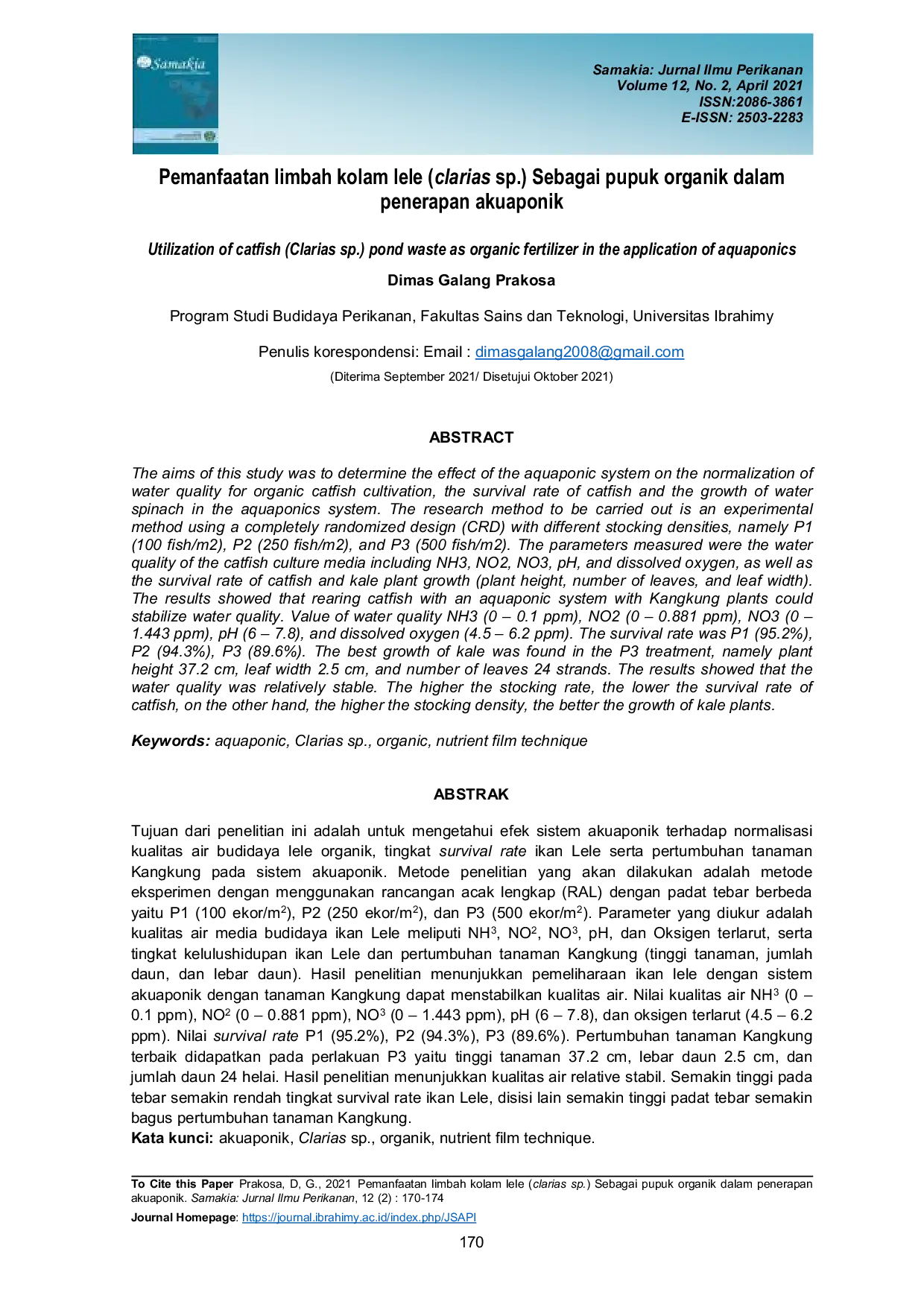 JURIS Pemanfaatan limbah kolam lele clarias sp Sebagai pupuk organik dalam penerapan akuaponik