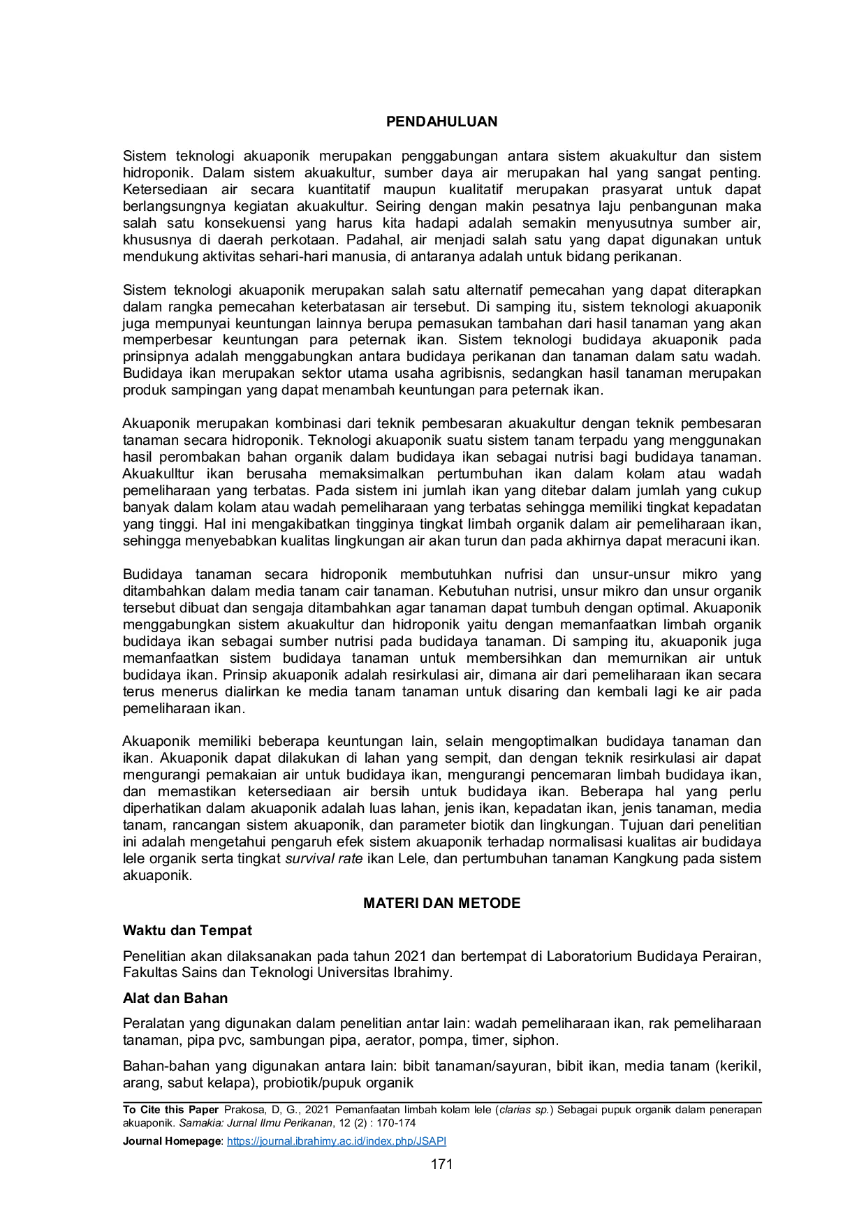 JURIS Pemanfaatan limbah kolam lele clarias sp Sebagai pupuk organik dalam penerapan akuaponik