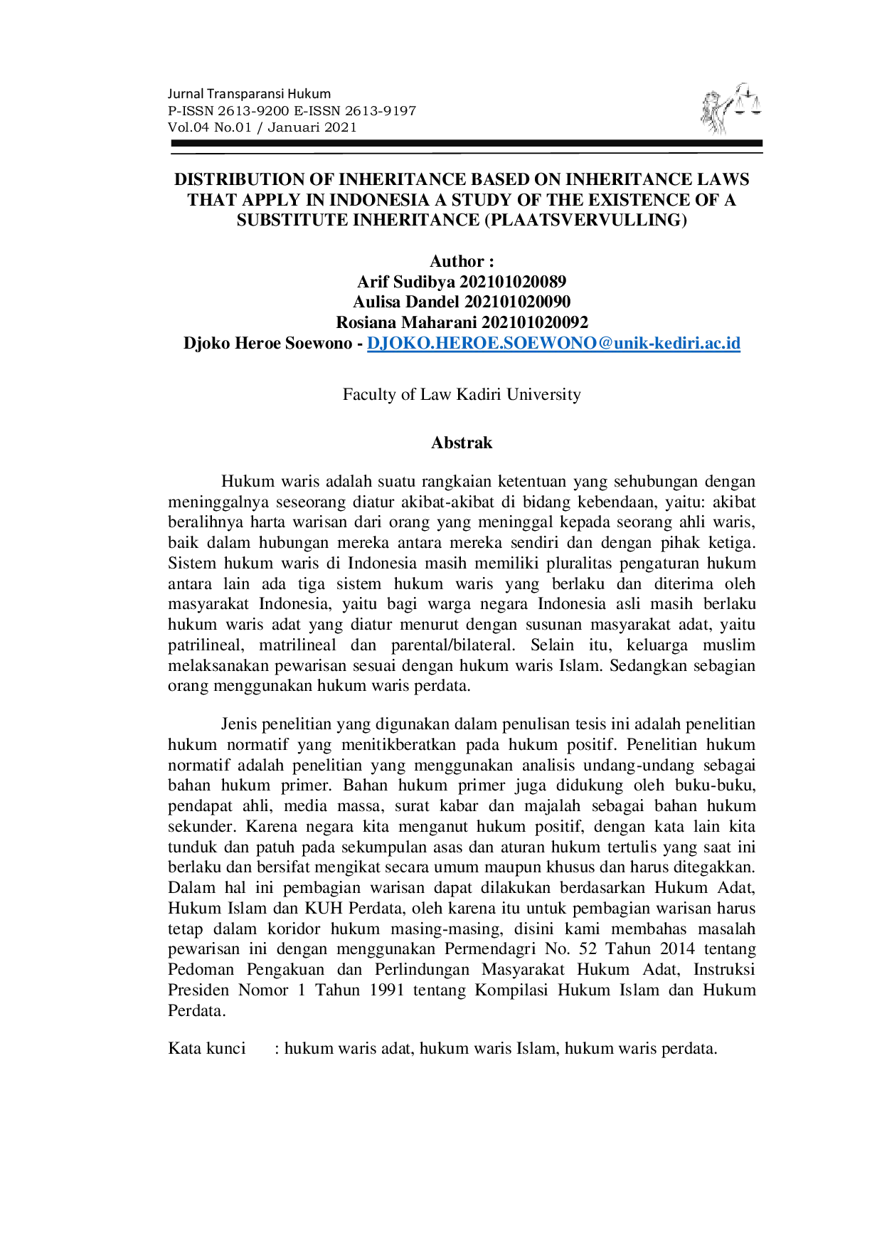 JURIS Distribution of Inheritance Based on Inheritance Laws That Apply in Indonesia a Study of the Existence of a Substitute Inheritance Plaatsvervulling