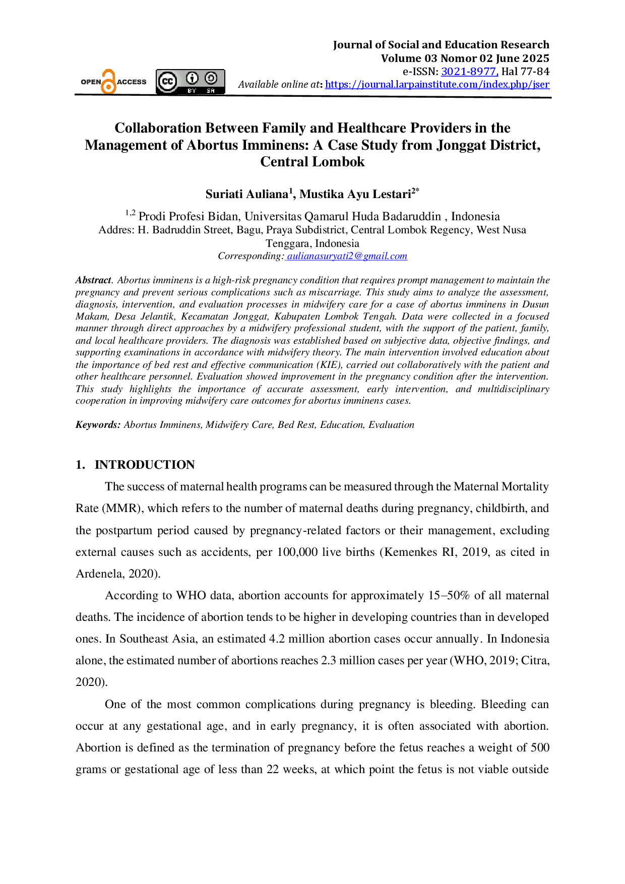 juris Collaboration Between Family and Healthcare Providers in the Management of Abortus Imminens A Case Study from Jonggat District Central Lombok