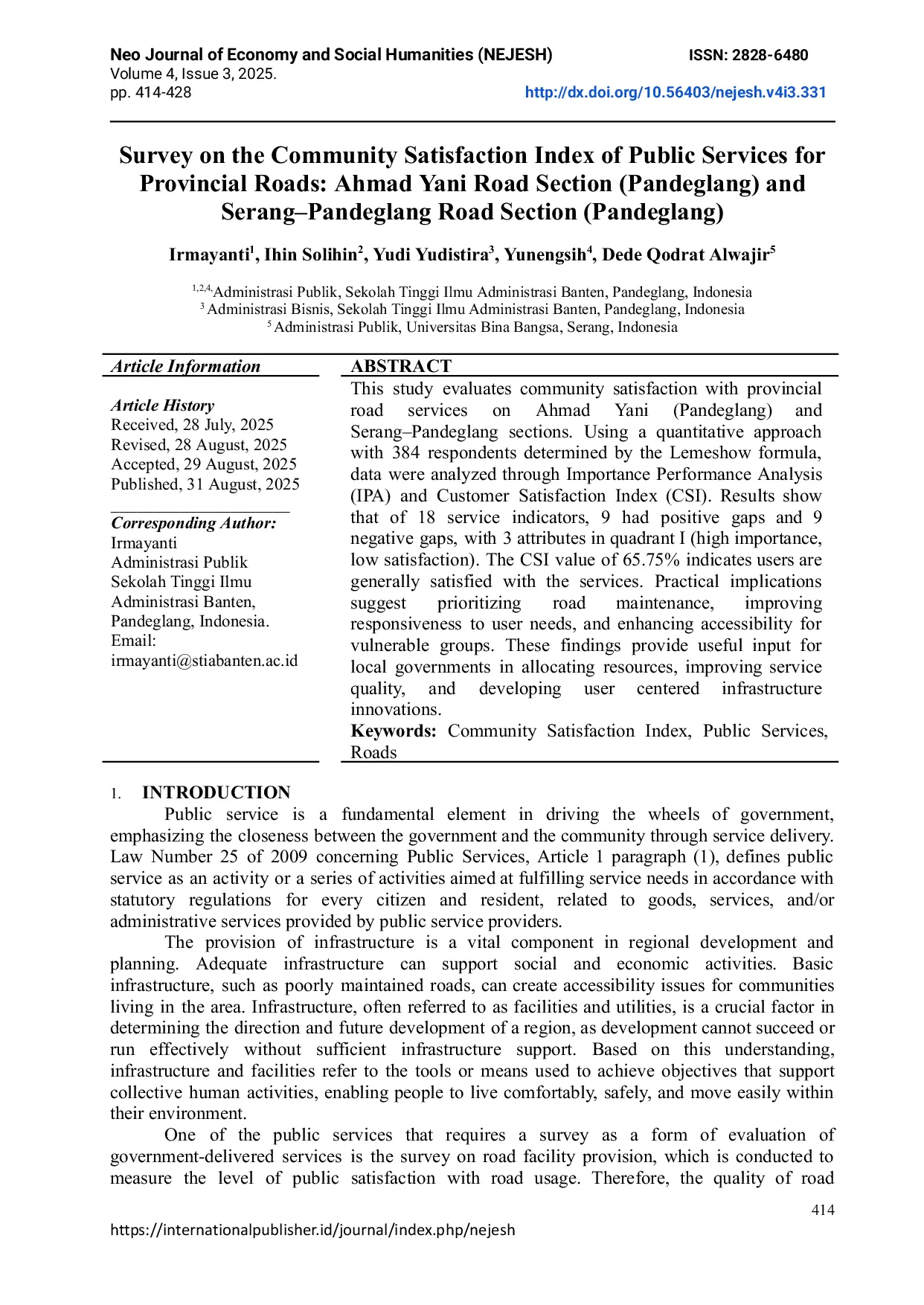 JURIS Survey On The Community Satisfaction Index Of Public Services For Provincial Roads Ahmad Yani Road Section Pandeglang And Serang Pandeglang Road Section Pandeglang