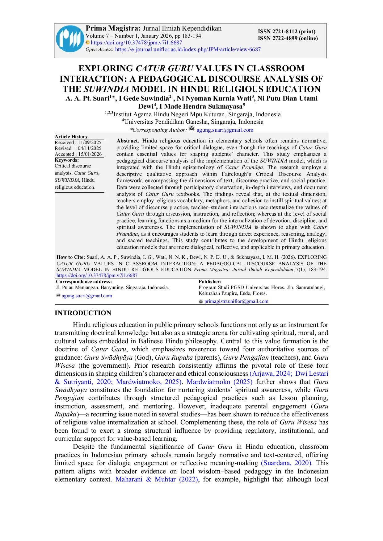 JURIS Exploring Catur Guru Values in Classroom Interaction A Pedagogical Discourse Analysis of the Suwindia Model in Hindu Religious Education