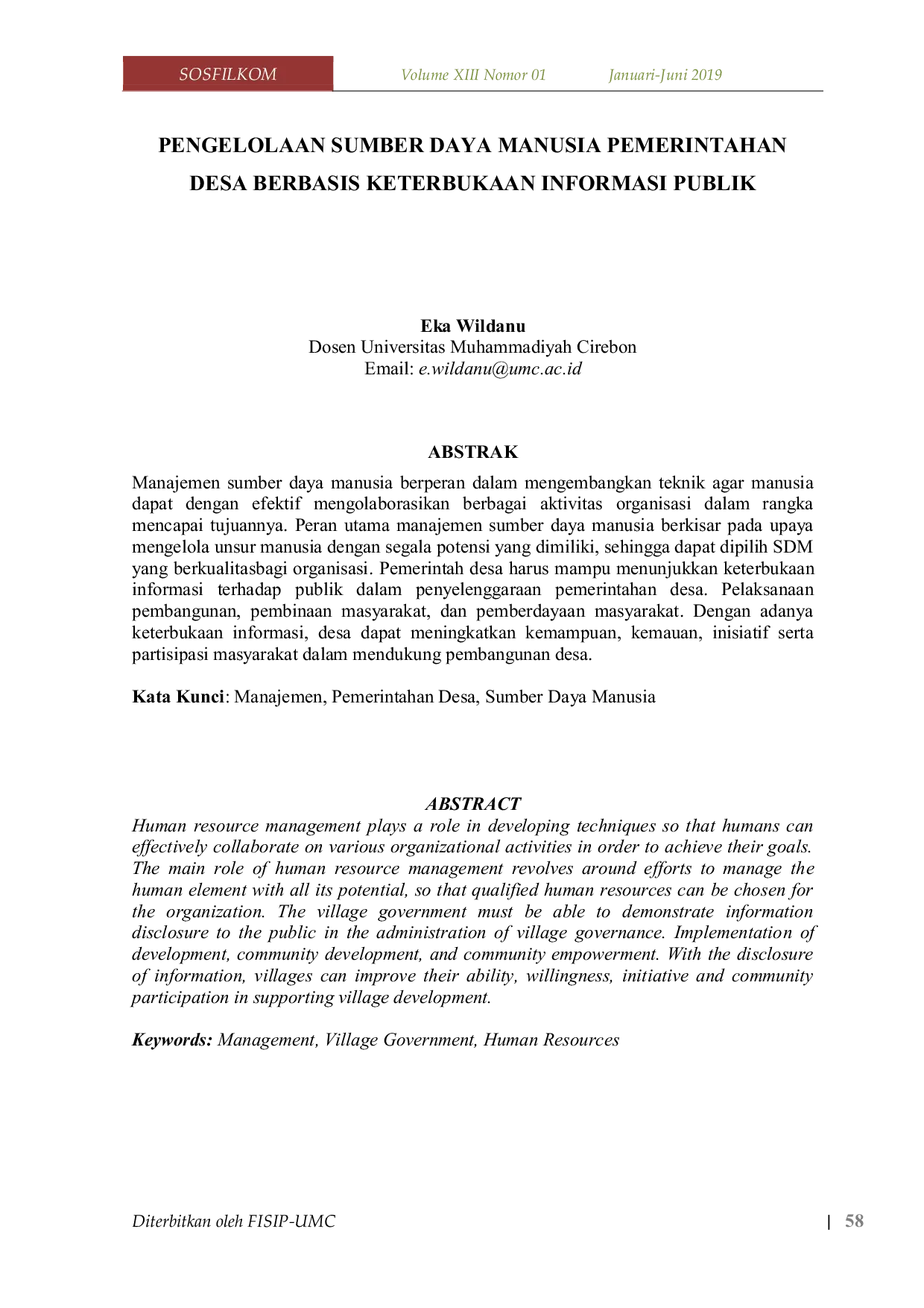 JURIS Pengelolaan Sumber Daya Manusia Pemerintahan Desa Berbasis Keterbukaan Informasi Publik