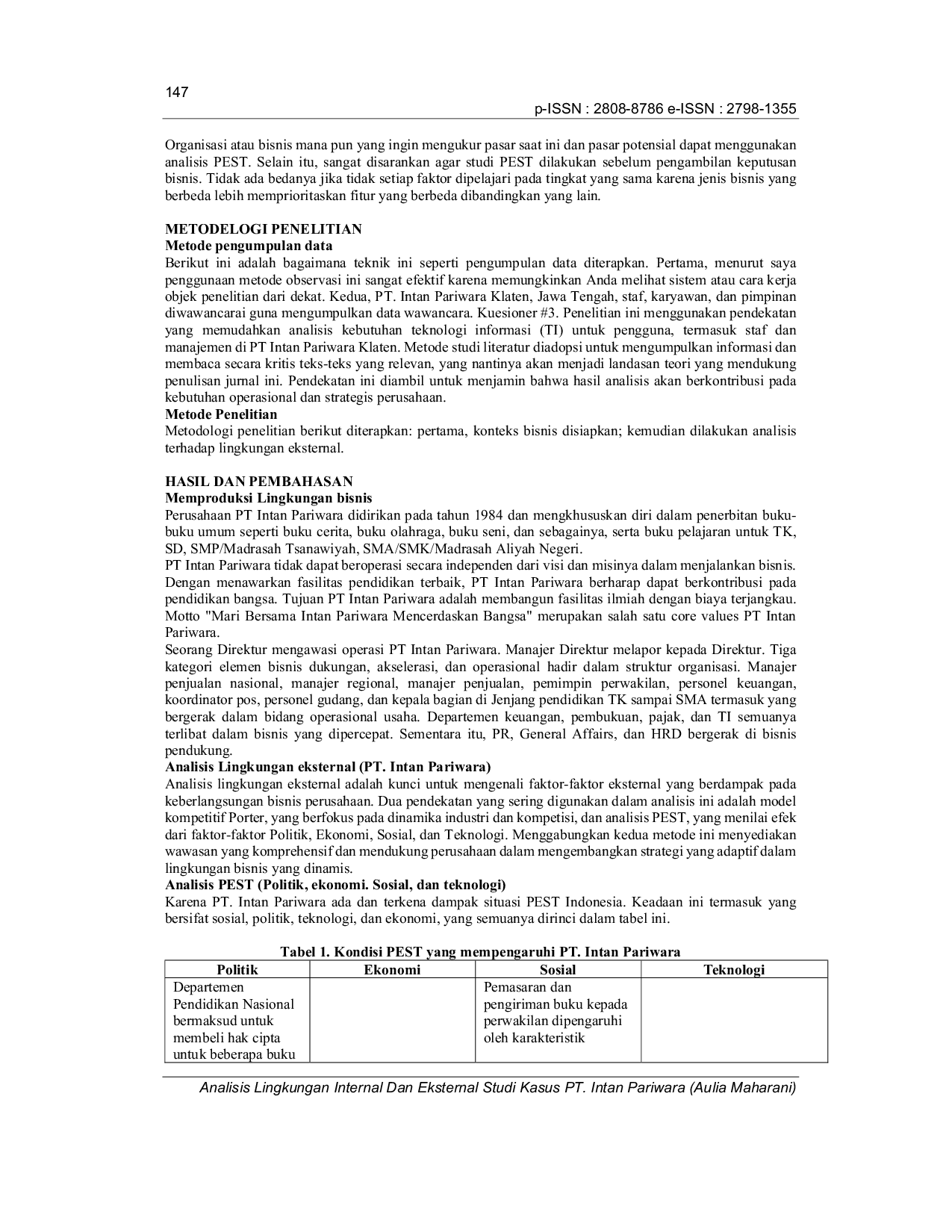 JURIS ANALISIS LINGKUNGAN INTERNAL DAN EKSTERNAL Studi Kasus PT Intan Periwara