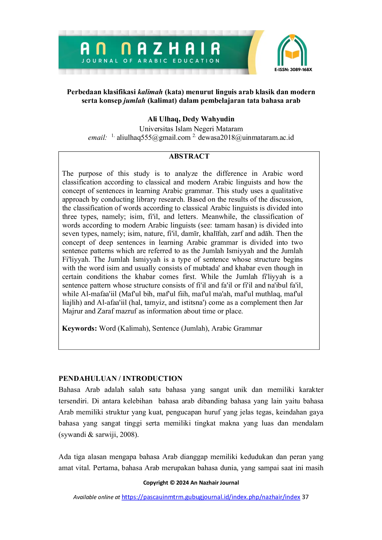 JURIS Perbedaan klasifikasi kalimah kata menurut linguis arab klasik dan modern serta konsep jumlah kalimat dalam pembelajaran tata bahasa arab