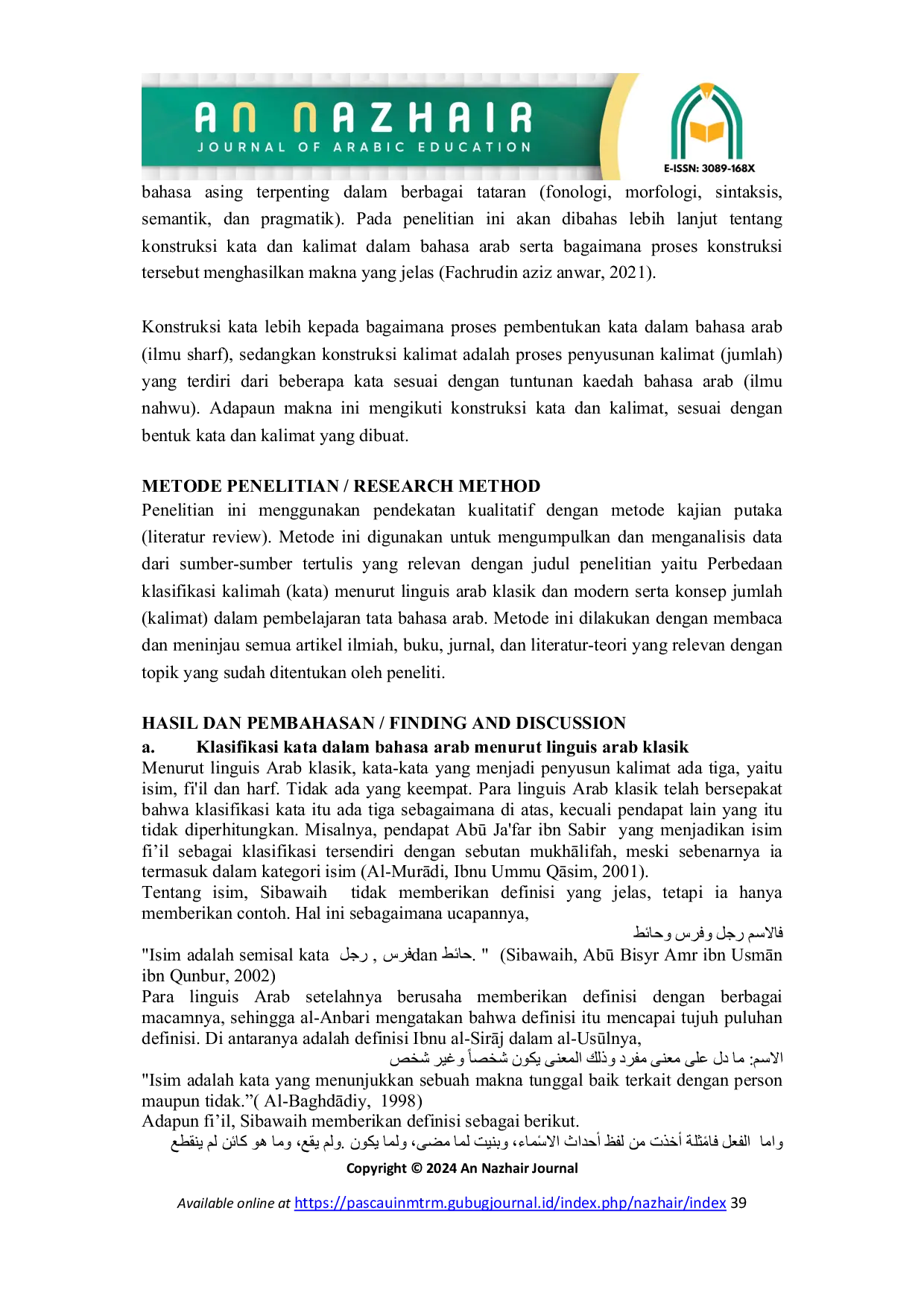 JURIS Perbedaan klasifikasi kalimah kata menurut linguis arab klasik dan modern serta konsep jumlah kalimat dalam pembelajaran tata bahasa arab