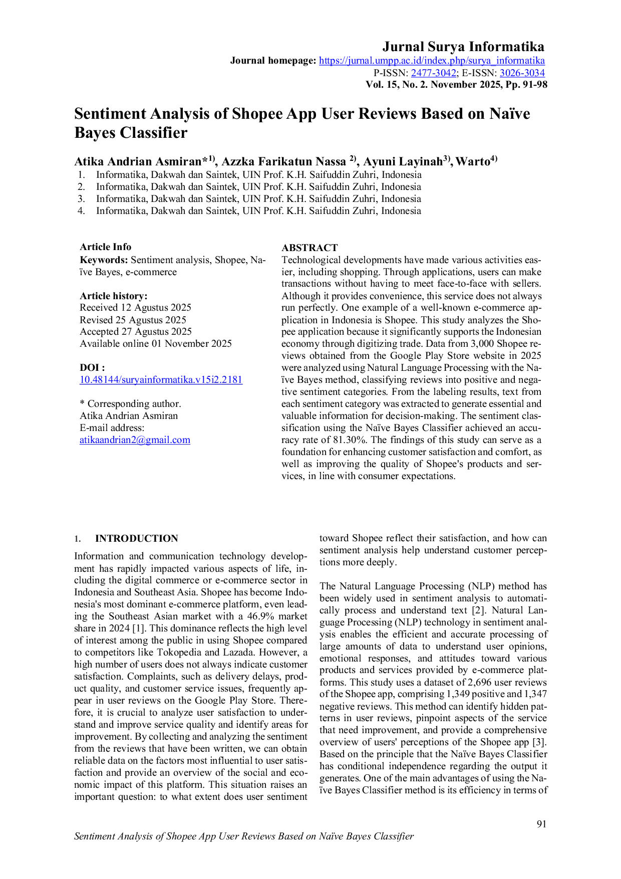 JURIS Sentiment Analysis of Shopee App User Reviews Based on Na ve Bayes Classifier