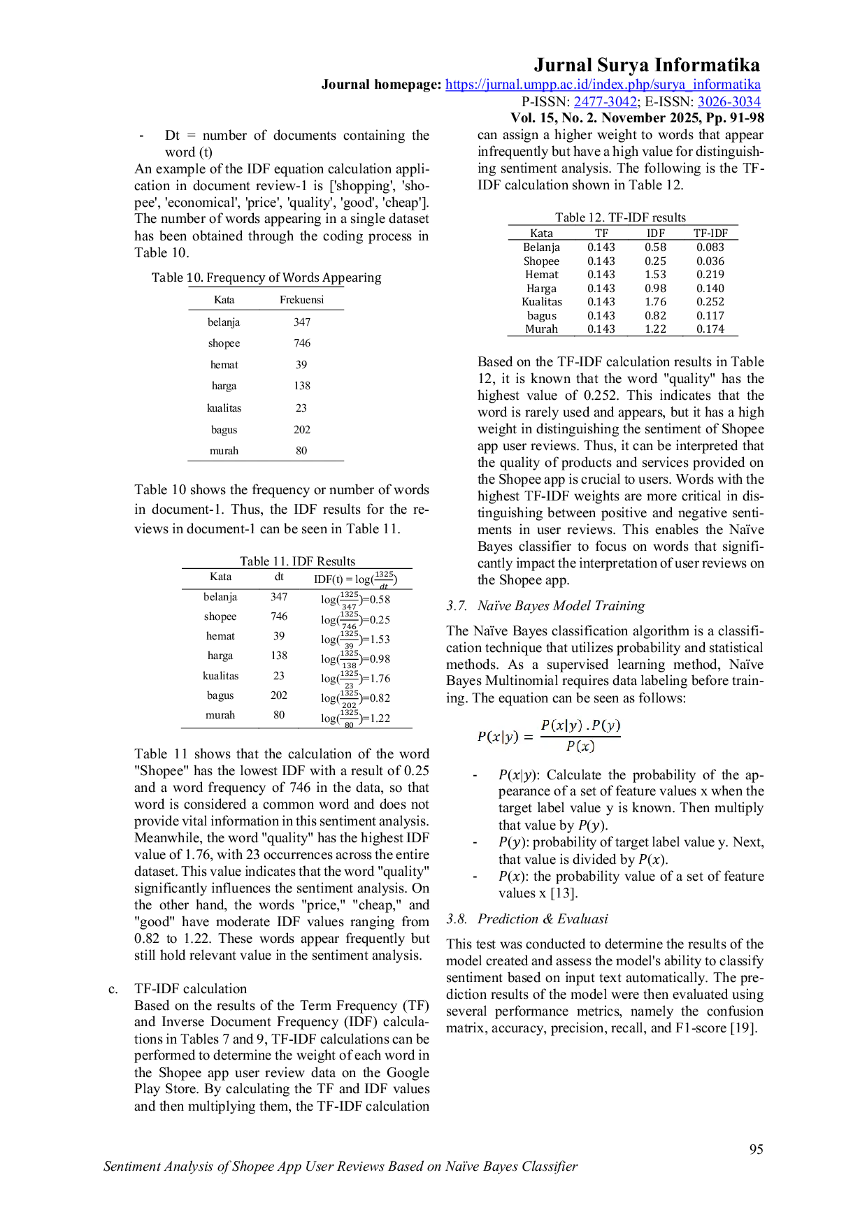 JURIS Sentiment Analysis of Shopee App User Reviews Based on Na ve Bayes Classifier