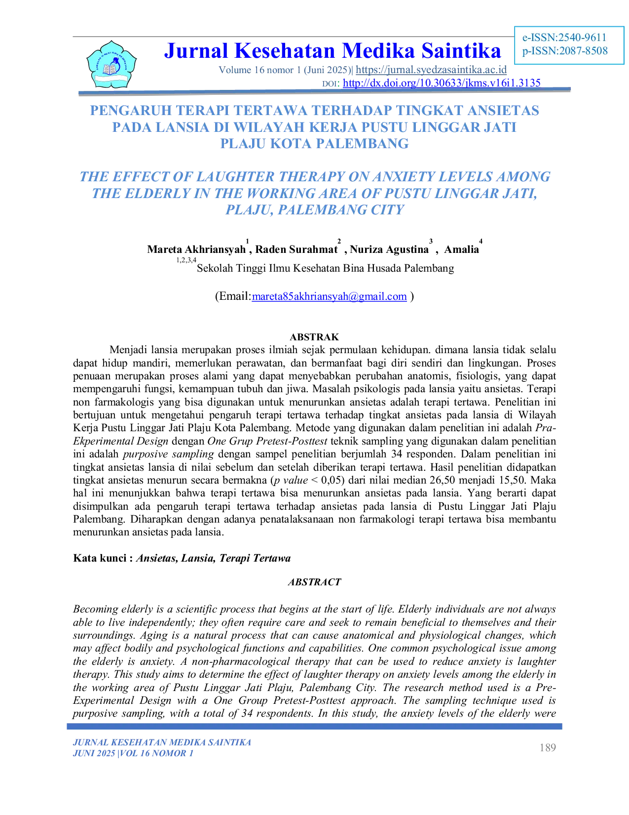 JURIS Pengaruh Terapi Tertawa Terhadap Tingkat Ansietas Pada Lansia Di Wilayah Kerja Pustu Linggar Jati Plaju Kota Palembang