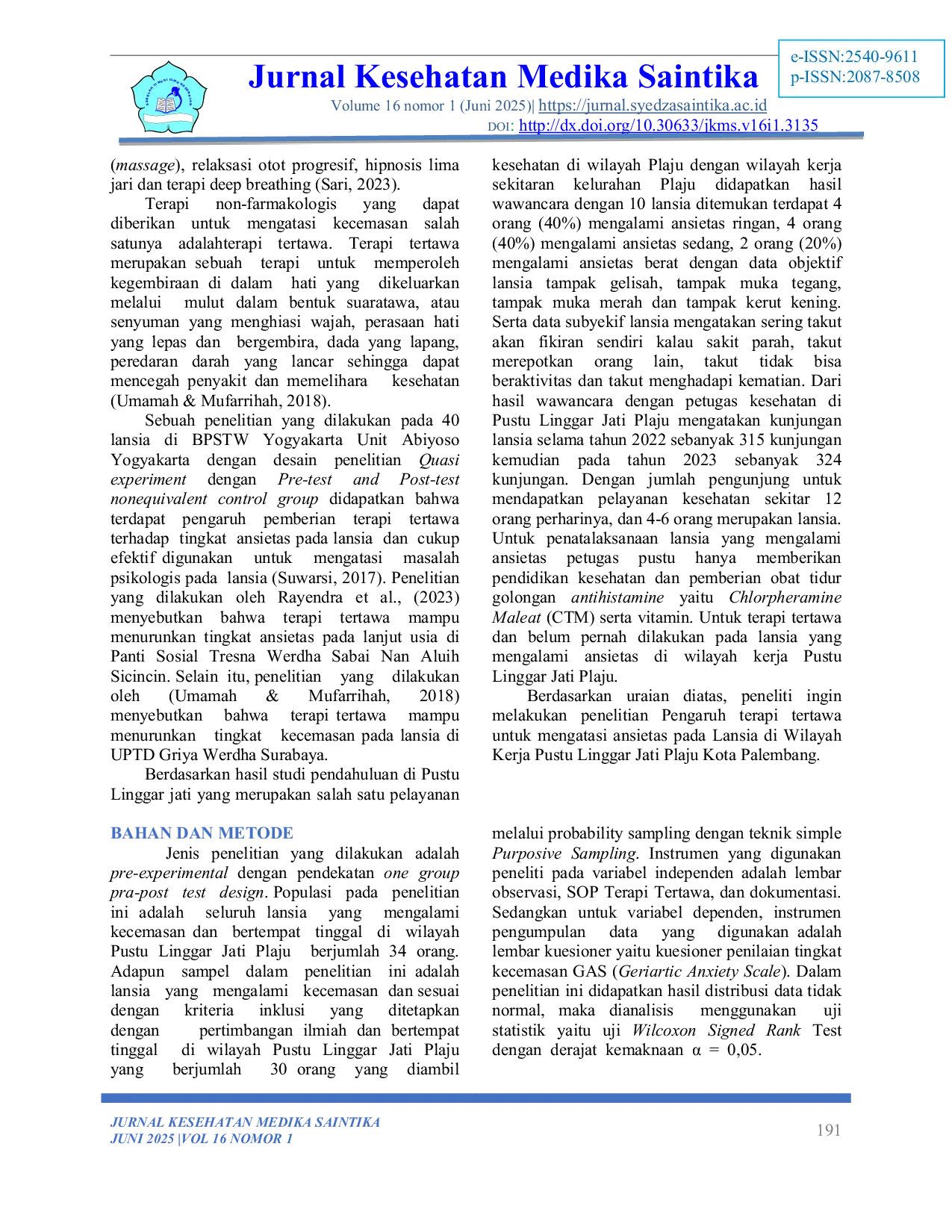 JURIS Pengaruh Terapi Tertawa Terhadap Tingkat Ansietas Pada Lansia Di Wilayah Kerja Pustu Linggar Jati Plaju Kota Palembang