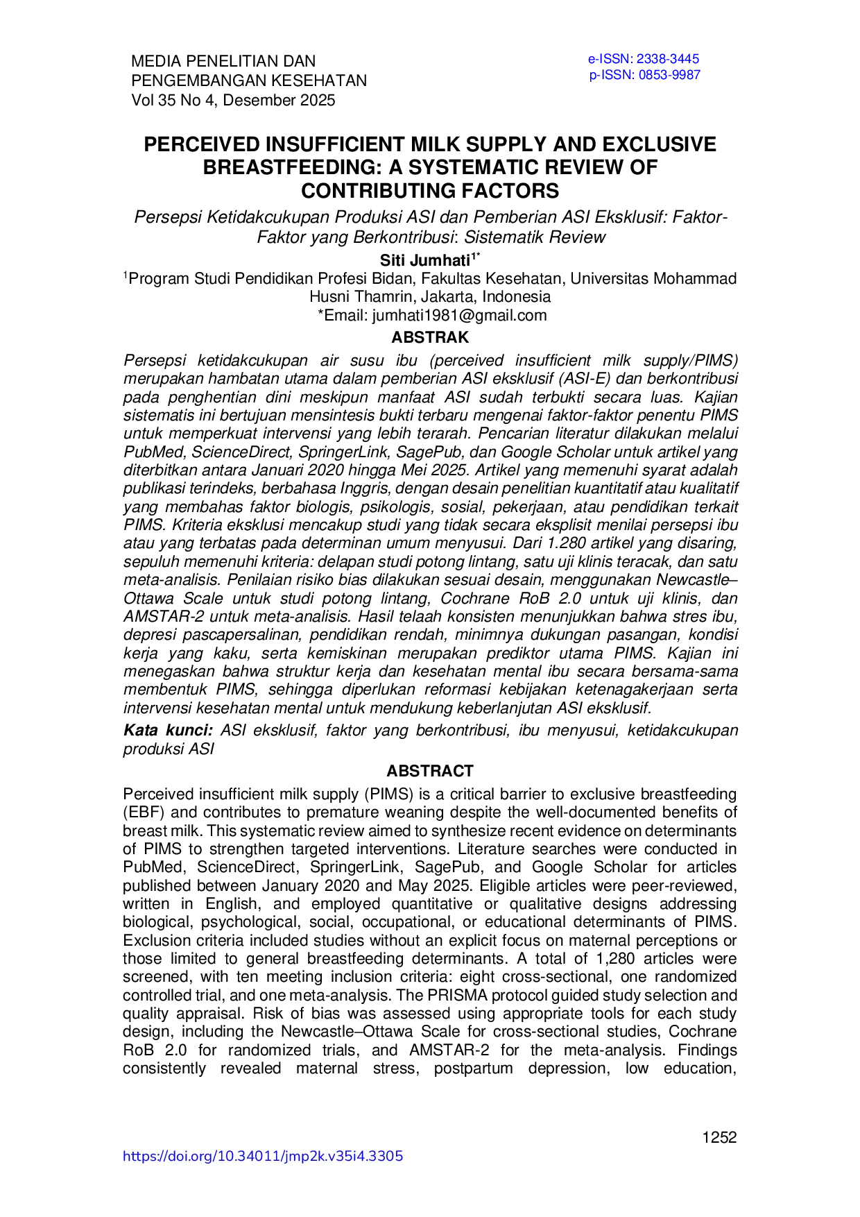 JURIS Perceived Insufficient Milk Supply and Exclusive Breastfeeding A Systematic Review of Contributing Factors