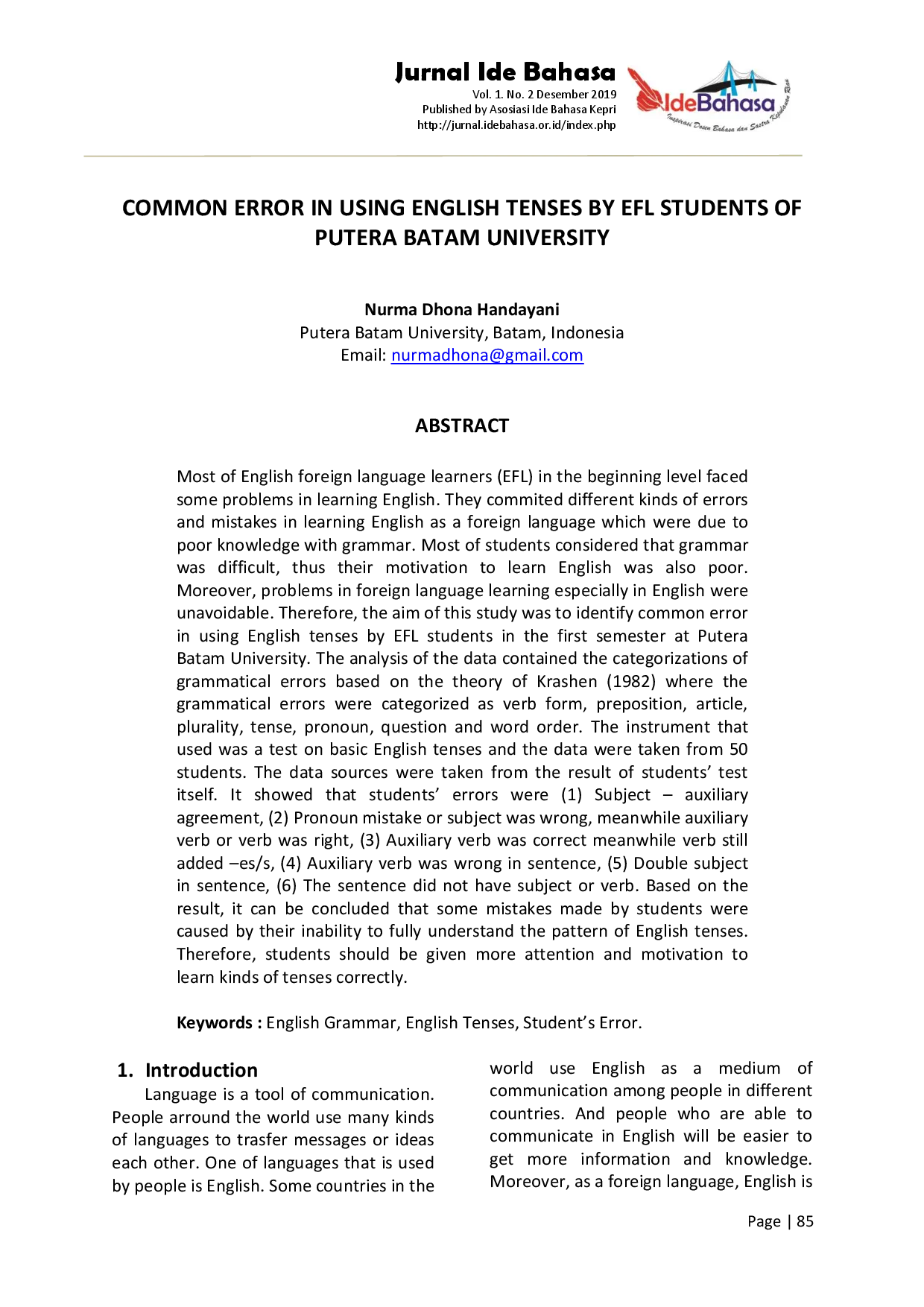 juris Common Error in Using English Tenses by EFL Students of Putera Batam University