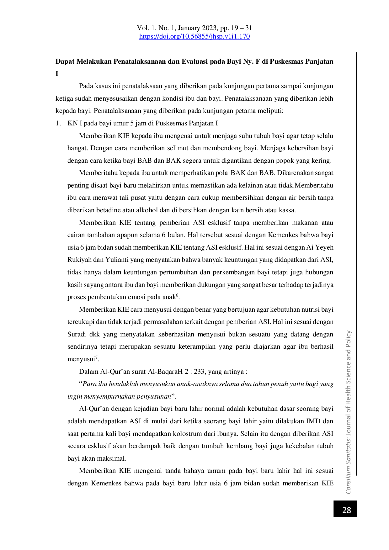 JURIS Asuhan Kebidanan Pada Bayi Baru Lahir Normal Di Puskesmas Panjatan I