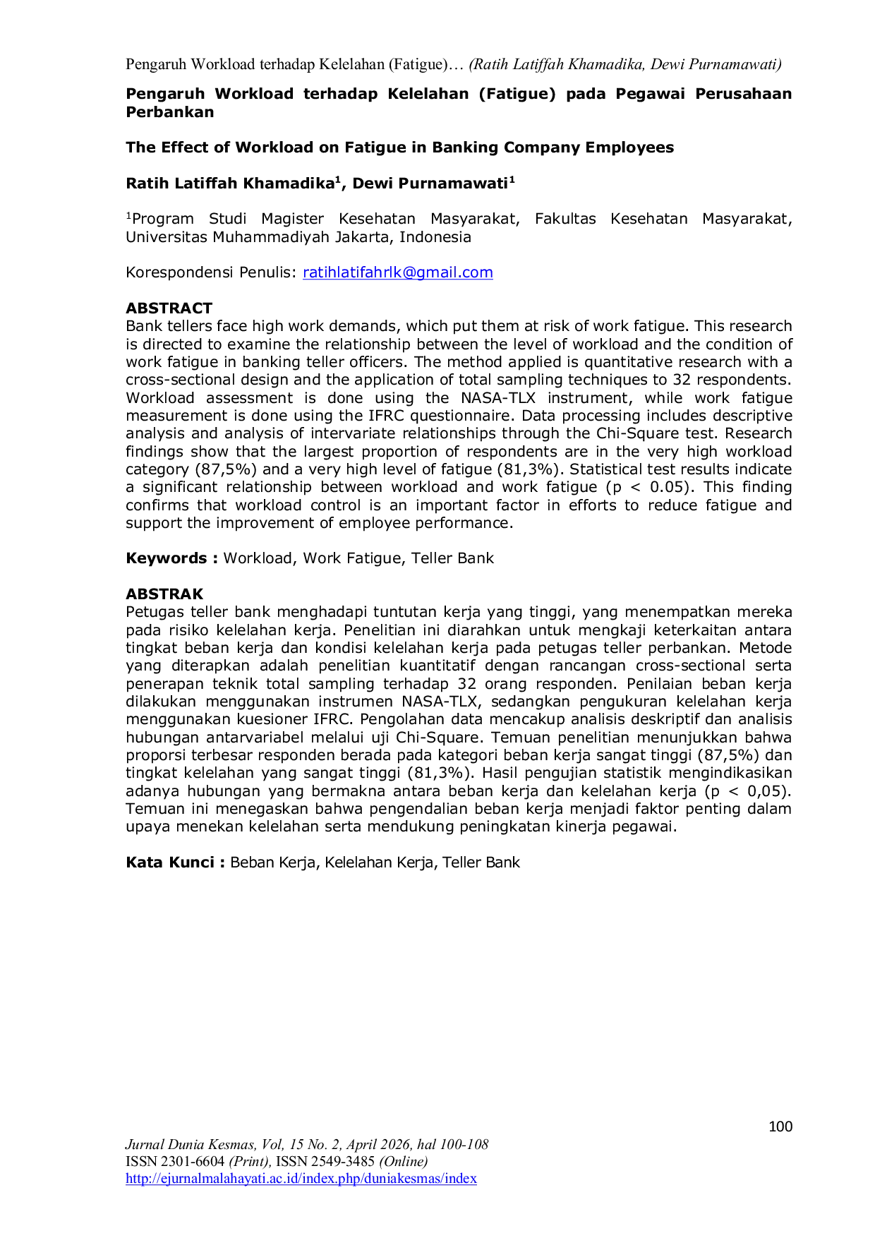 JURIS The Effect Of Workload On Fatigue In Banking Company Employees