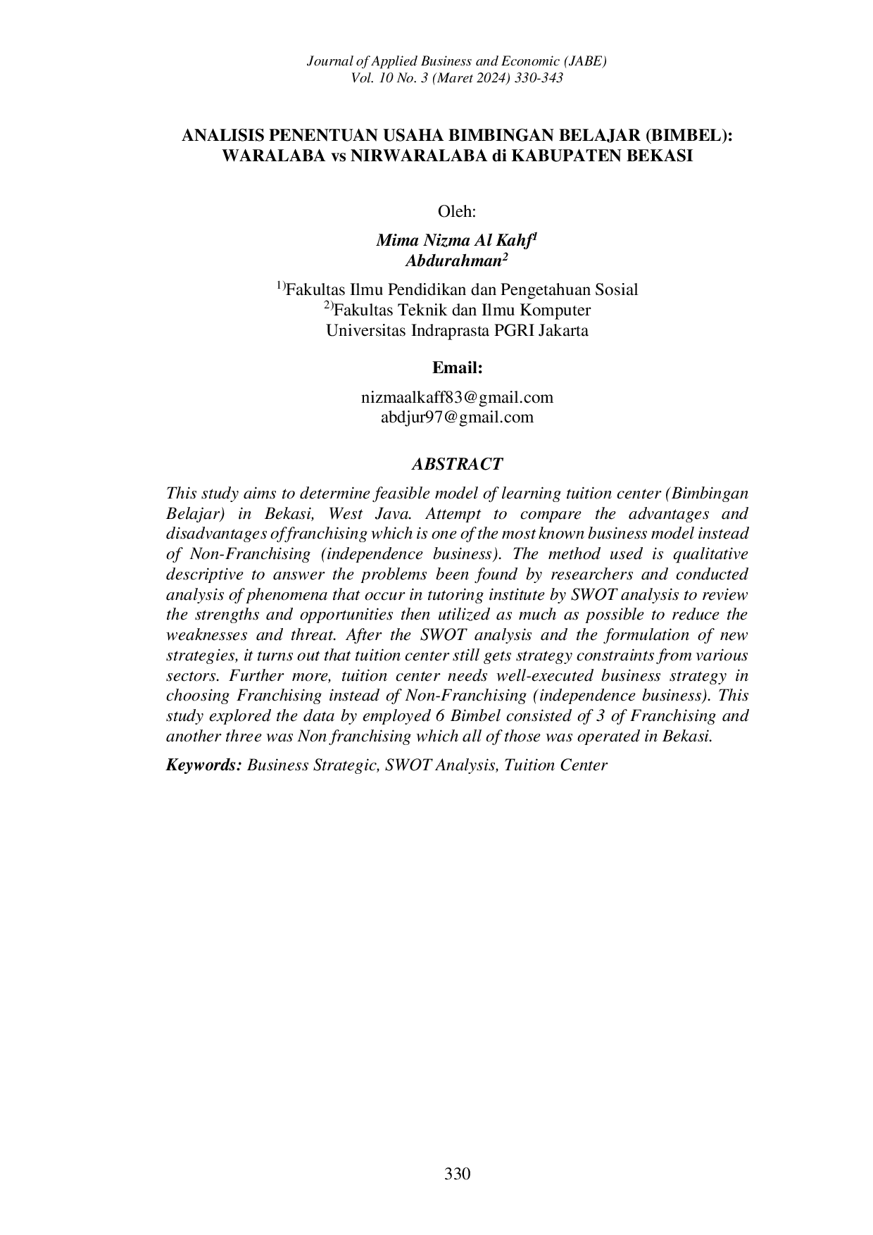 JURIS Analisis Penentuan Usaha Bimbingan Belajar Bimbel Waralaba vs Nirwaralaba di Kabupaten Bekasi