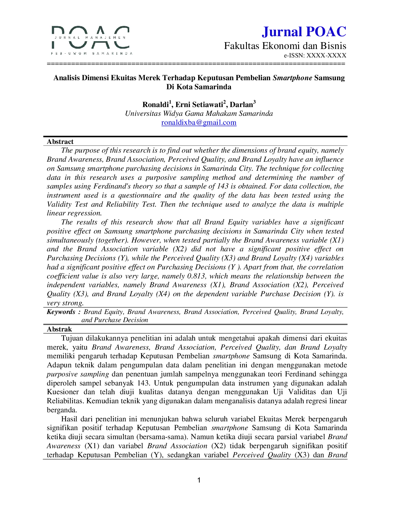 JURIS Analisis Dimensi Ekuitas Merek Terhadap Keputusan Pembelian Smartphone Samsung di Kota Samarinda