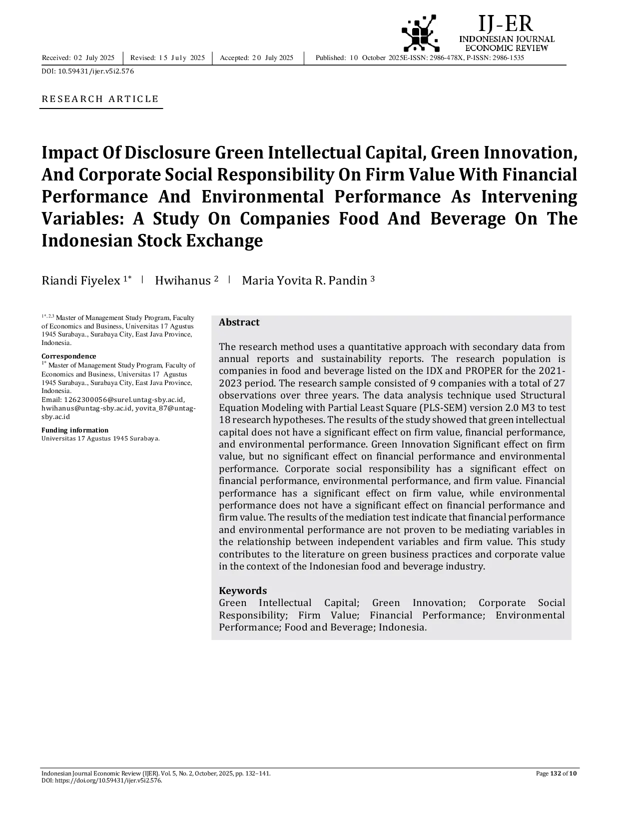 JURIS Impact Of Disclosure Green Intellectual Capital Green Innovation And Corporate Social Responsibility On Firm Value With Financial Performance And Environmental Performance As Intervening Variables