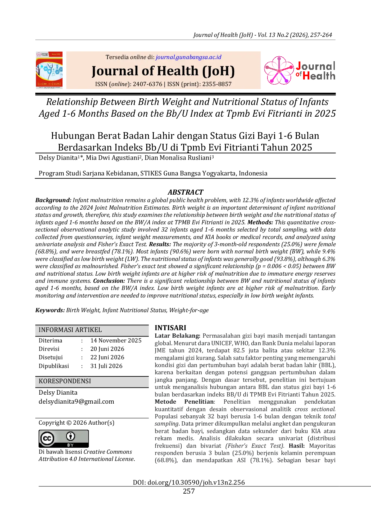 JURIS Relationship Between Birth Weight and Nutritional Status of Infants Aged 1 6 Months Based on the Bb U Index at Tpmb Evi Fitrianti in 2025