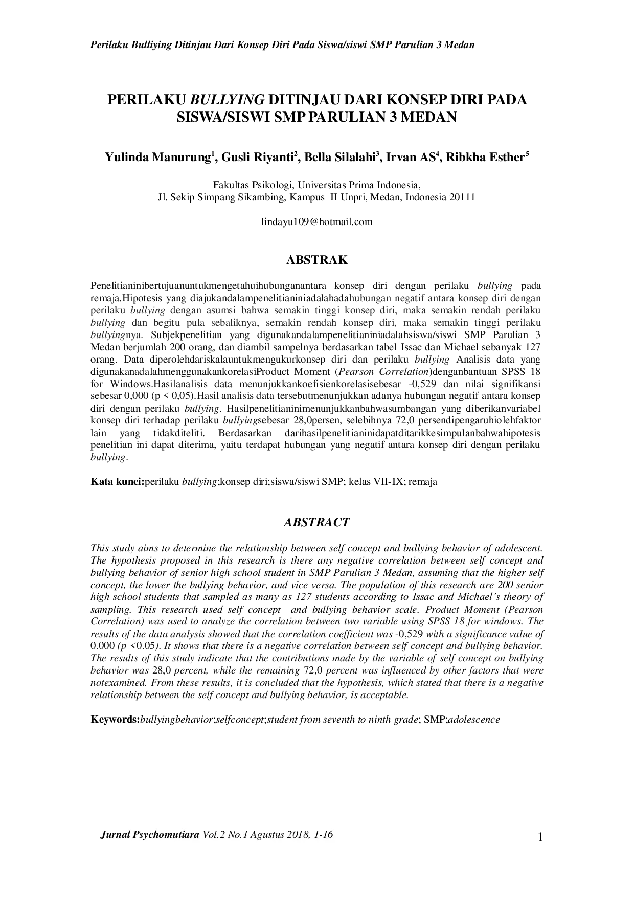 JURIS Gusli Perilaku Bullying Ditinjau dari Konsep Diri Siswa Siswi SMP Parulian 3 Medan