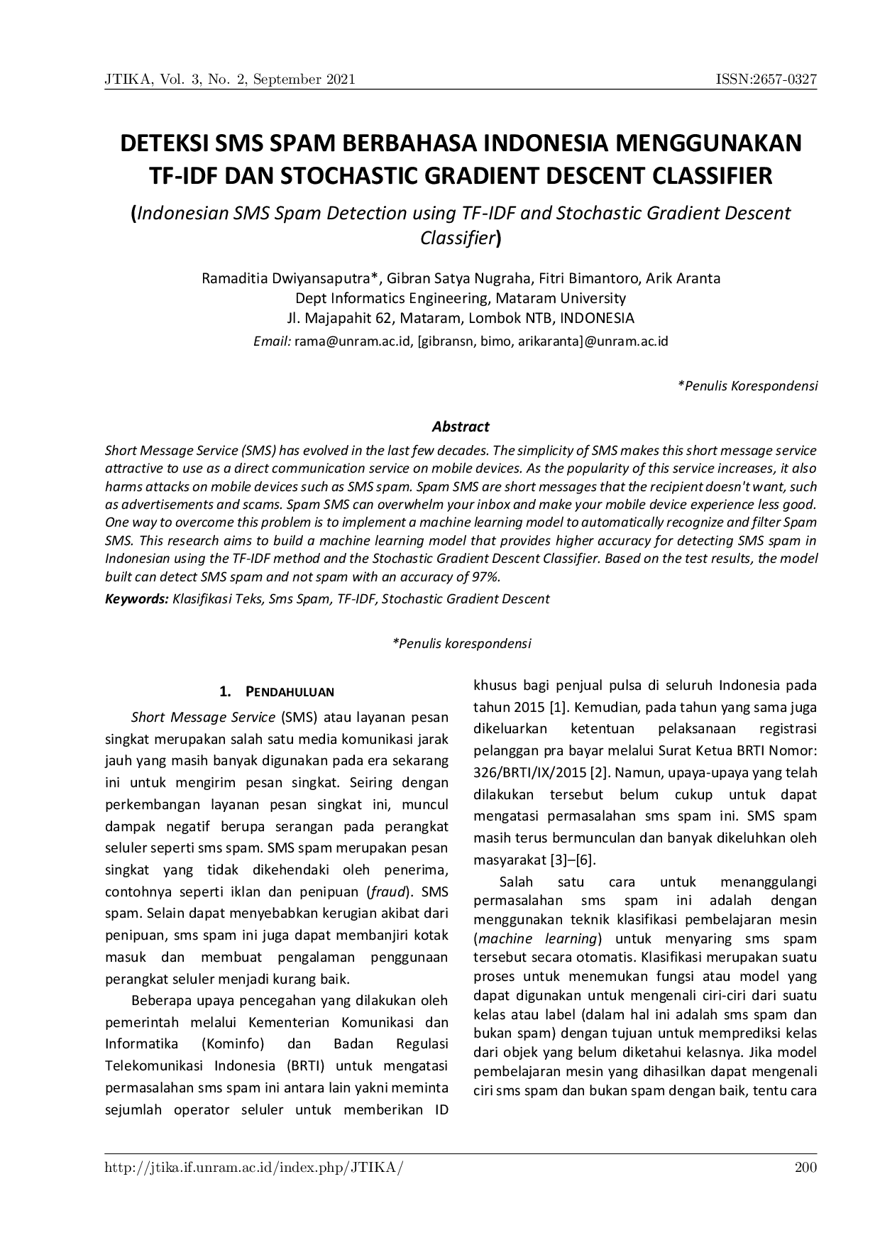JURIS Deteksi SMS Spam Berbahasa Indonesia menggunakan TF IDF dan Stochastic Gradient Descent Classifier