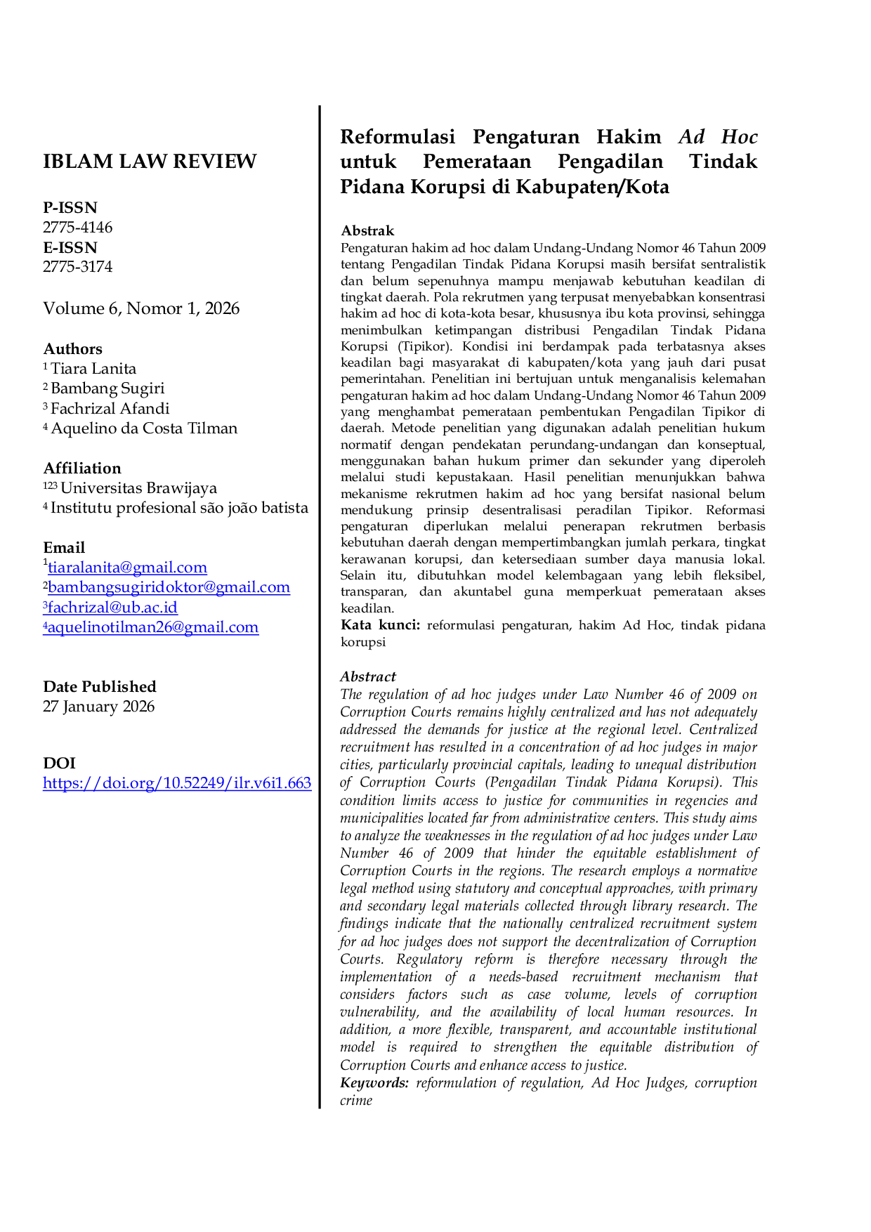JURIS Reformulasi Pengaturan Hakim Ad Hoc untuk Pemerataan Pengadilan Tindak Pidana Korupsi di Kabupaten Kota