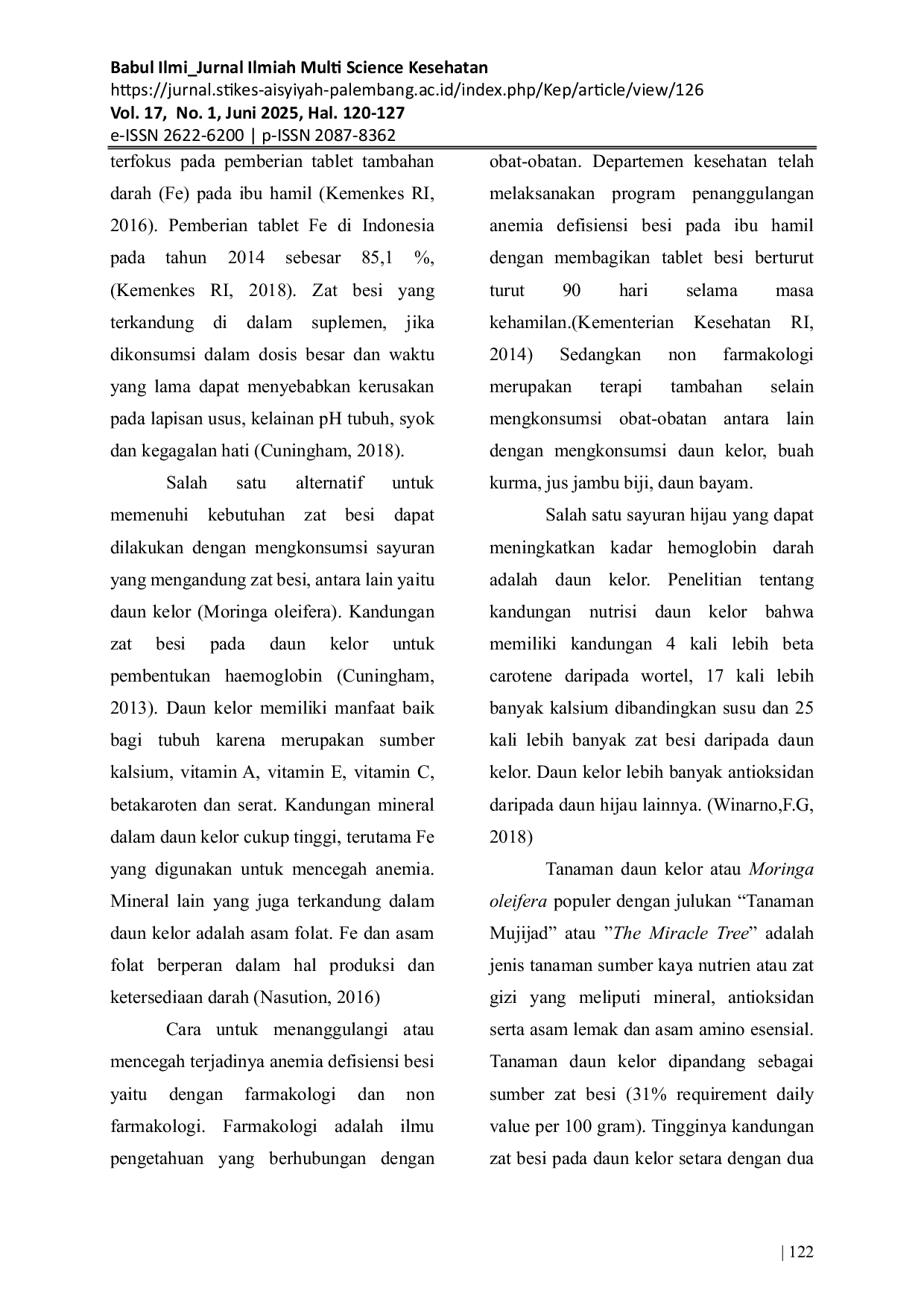 JURIS Perbedaan Pemberian Daun Kelor Dan Tablet Fe Terhadap Kadar Hemoglobin Dengan Anemia Ibu Hamil
