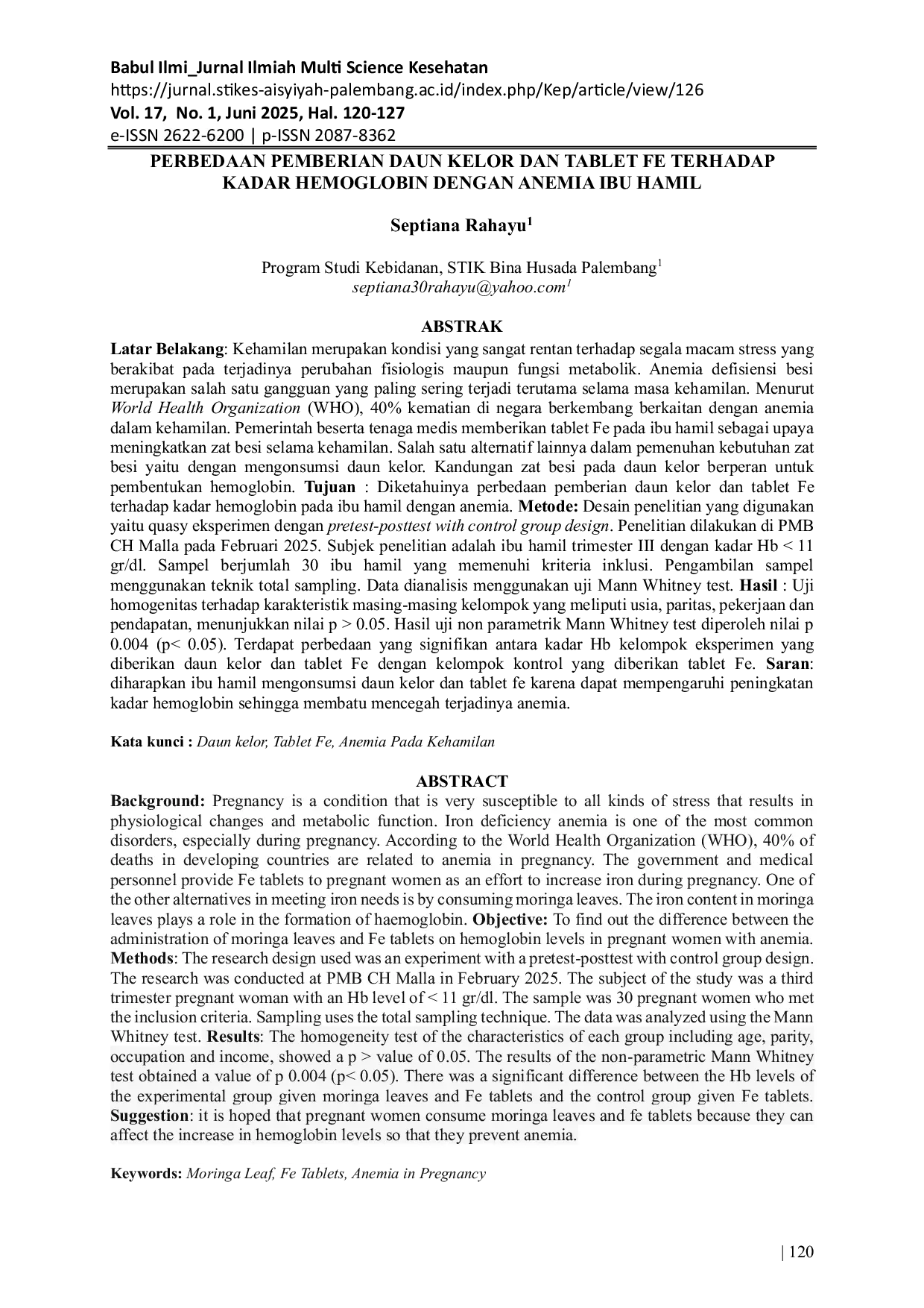 JURIS Perbedaan Pemberian Daun Kelor Dan Tablet Fe Terhadap Kadar Hemoglobin Dengan Anemia Ibu Hamil