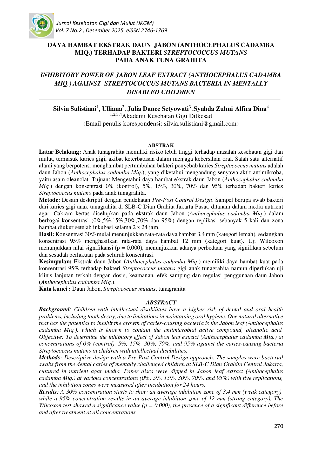 JURIS Daya Hambat Ekstrak Daun Jabon Anthocephalus Cadamba Miq Terhadap Bakteri Streptococcus Mutans Pada Anak Tuna Grahita