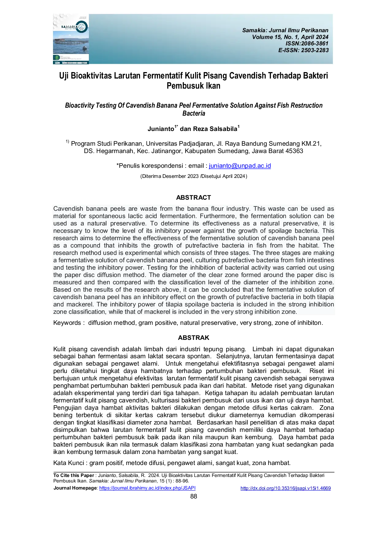 JURIS Uji Bioaktivitas Larutan Fermentatif Kulit Pisang Cavendish Terhadap Bakteri Pembusuk Ikan