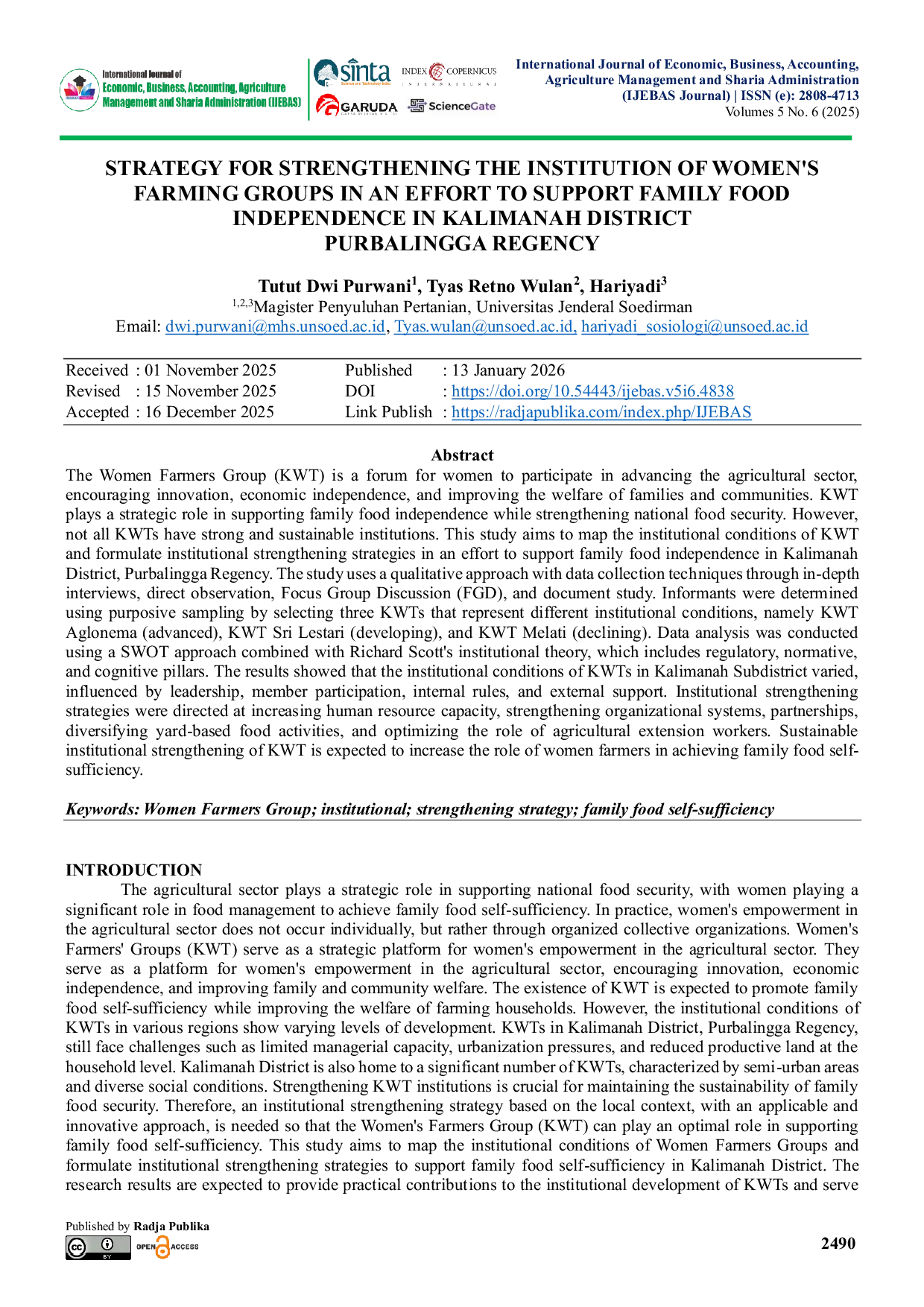 JURIS Strategy For Strengthening The Institution Of Women s Farming Groups In An Effort To Support Family Food Independence In Kalimanah District Purbalingga Regency