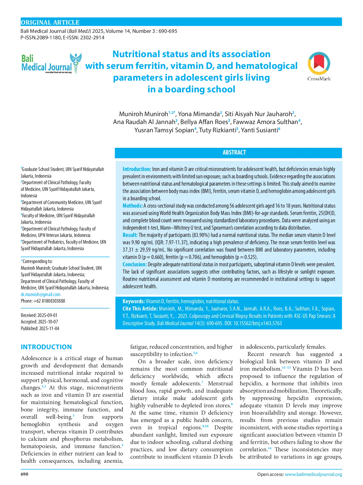 JURIS Nutritional status and its association with serum ferritin vitamin D and hematological parameters in adolescent girls living in a boarding school