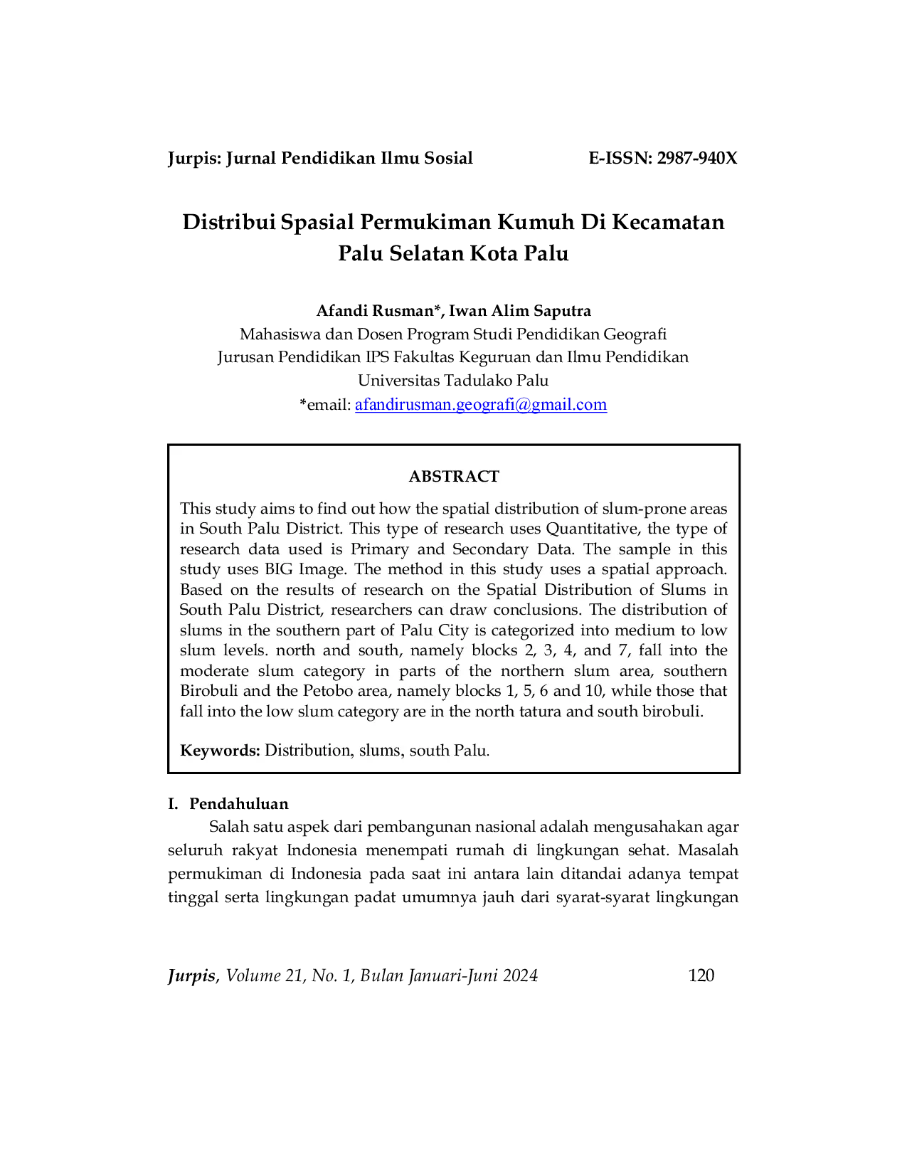 JURIS Distribui Spasial Permukiman Kumuh Di Kecamatan Palu Selatan Kota Palu