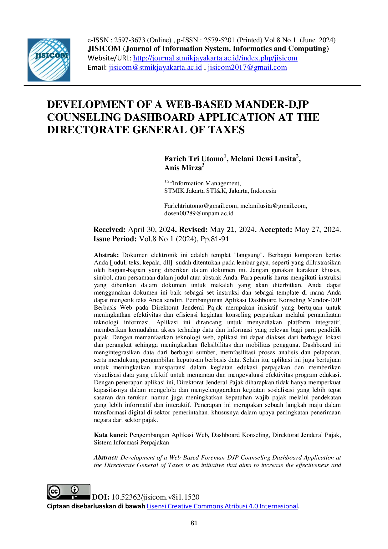 JURIS Pengembangan Aplikasi Dashboard Konseling Mandor DJP Berbasis Web pada Direktorat Jenderal Pajak