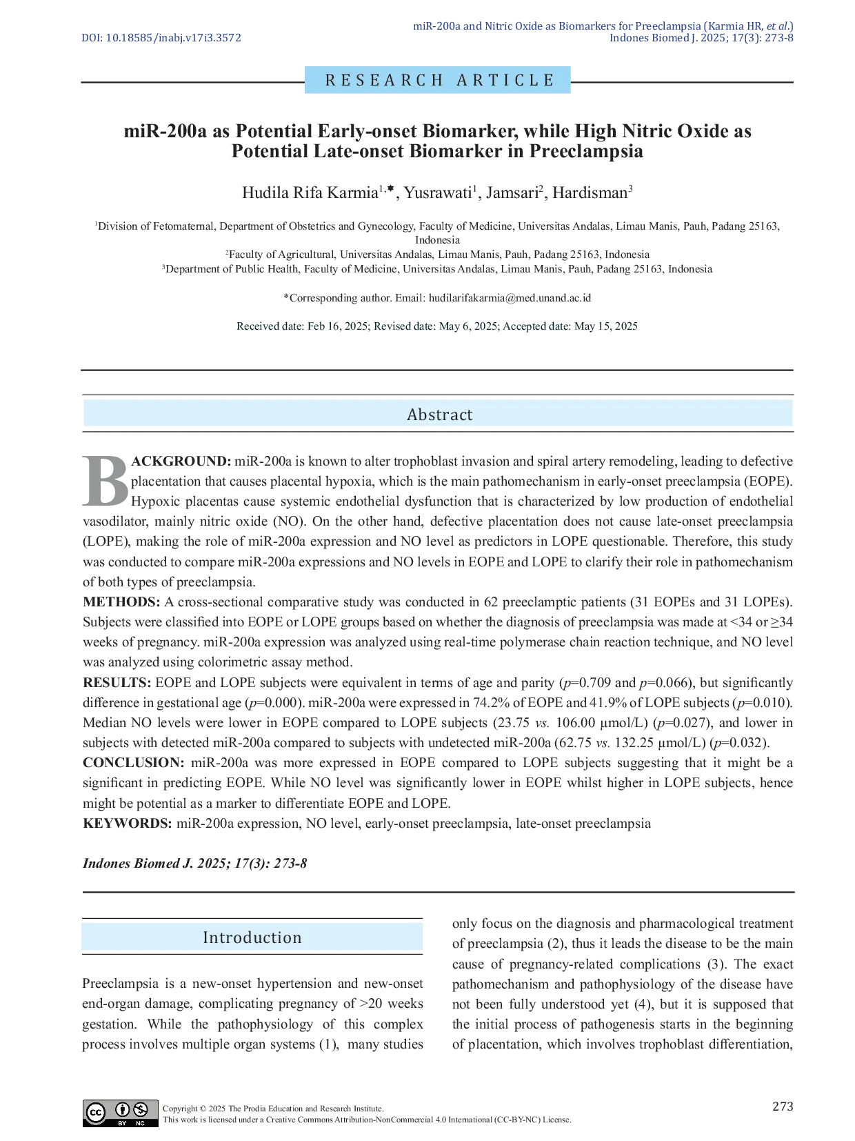 JURIS MiR 200a as Potential Early onset Biomarker while High Nitric Oxide as Potential Late onset Biomarker in Preeclampsia