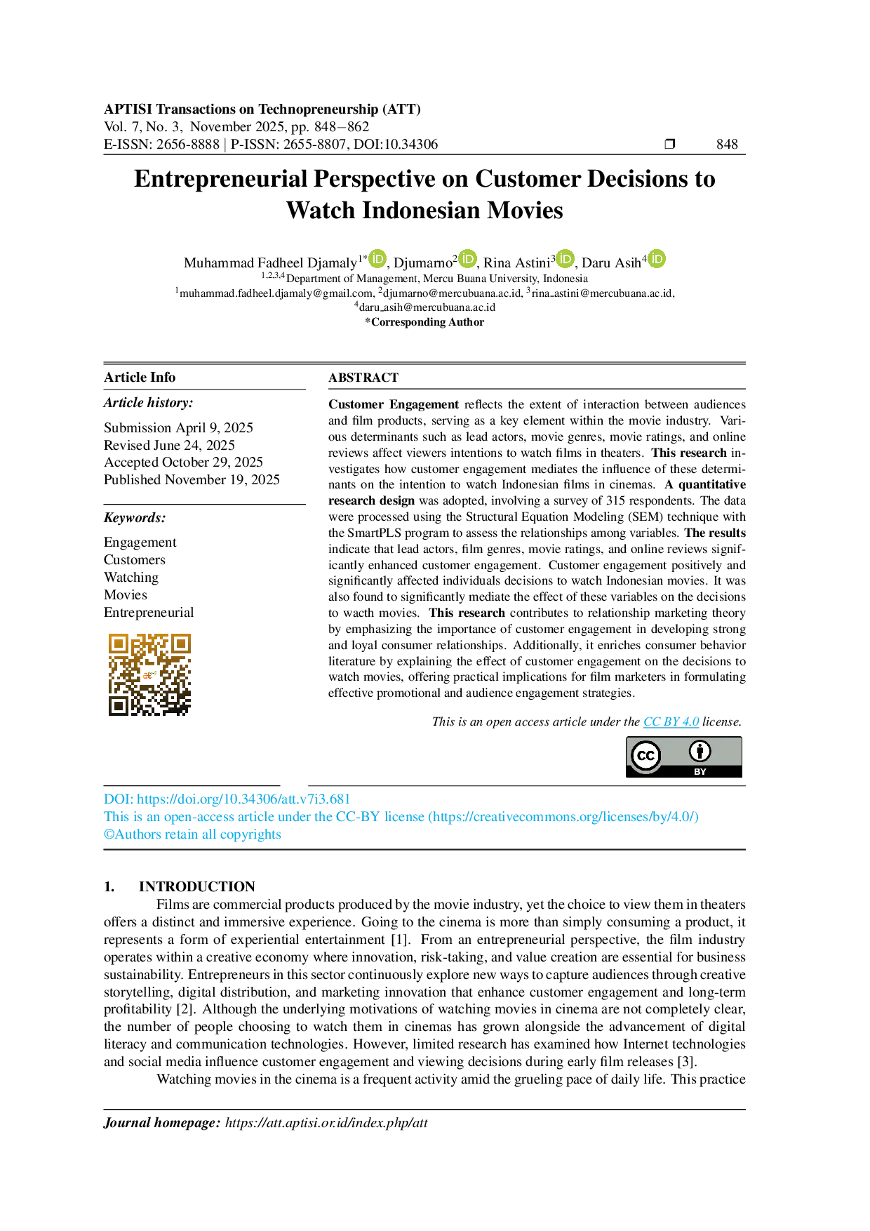 JURIS Entrepreneurial Perspective on Customer Decisions to Watch Indonesian Movies