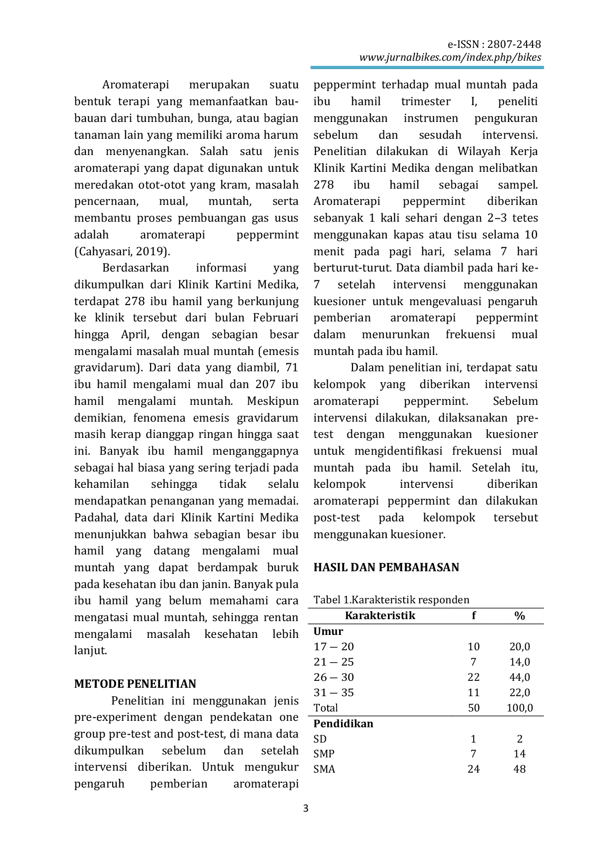 JURIS Pengaruh Pemberian Aromaterapi Peppermint Terhadap Penurunan Frekuensi Mual Muntah Pada Ibu Hamil Trimester I Di Klinik Kartini Medika