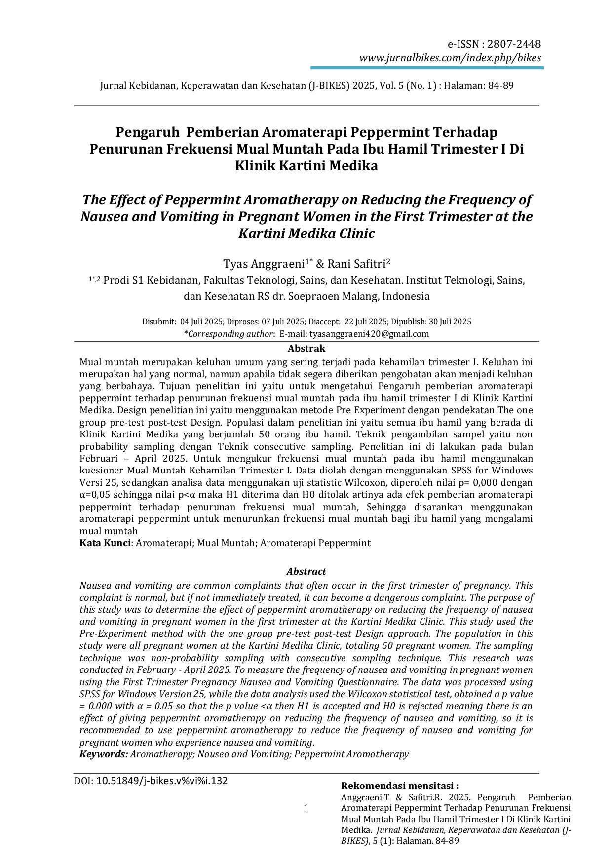 JURIS Pengaruh Pemberian Aromaterapi Peppermint Terhadap Penurunan Frekuensi Mual Muntah Pada Ibu Hamil Trimester I Di Klinik Kartini Medika