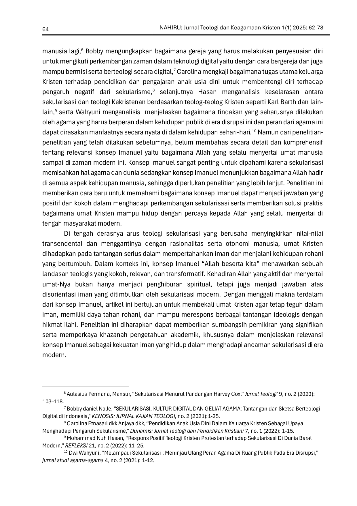 JURIS Relevansi Konsep Immanuel Dalam Menghadapi Tantangan Teologi Sekularisasi Di Era Modern
